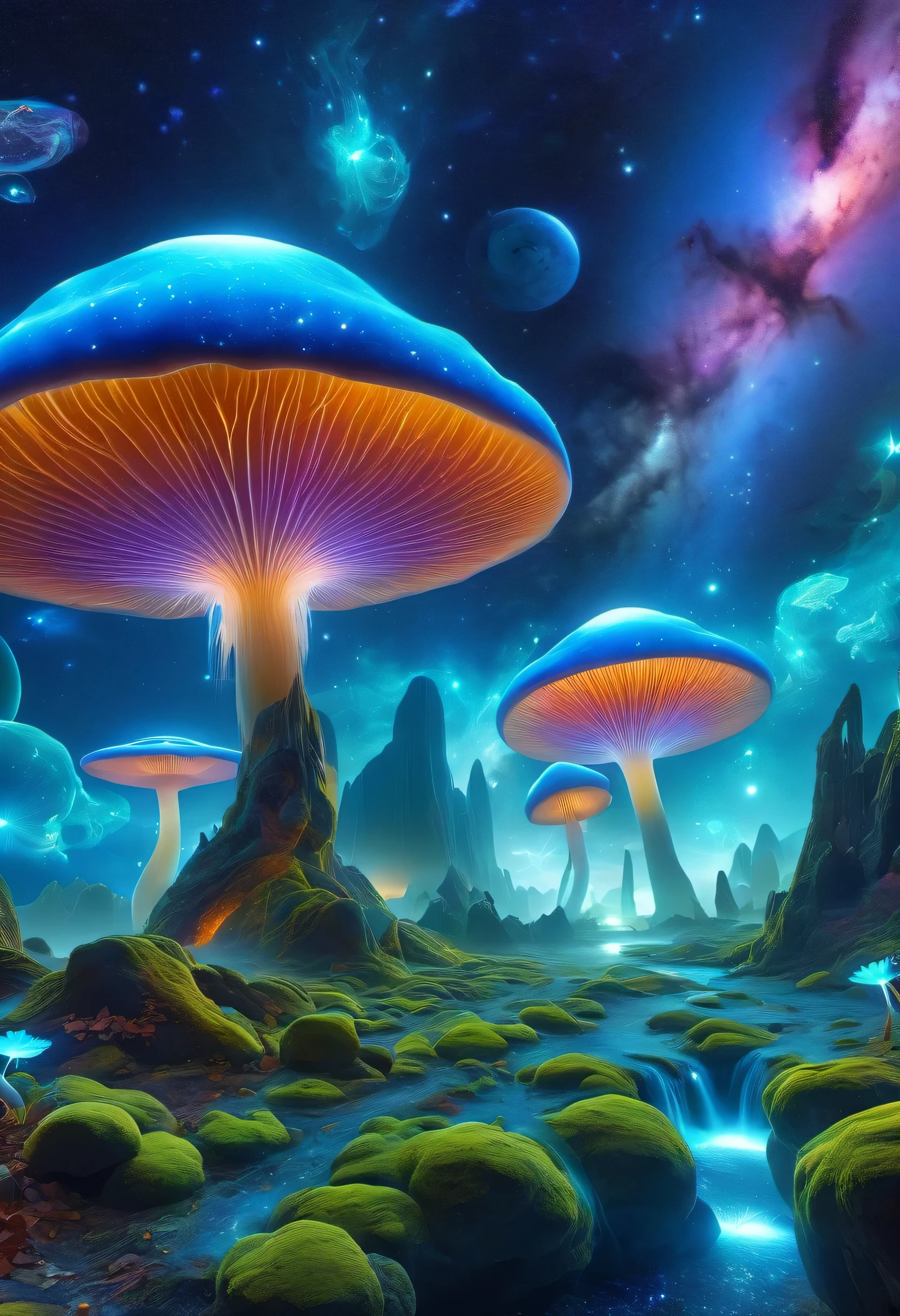 (best quality,4k,8k,HD,masterpiece:1.2),Super detailed,lifelike,alien landscape,beauty,Colorful,original,otherworldly,exotic,alien creature,dense vegetation,otherworldly plants and flowers,glowing mushroom,floating rocks,bioluminescent organisms,ethereal atmosphere,unusual geological formations,crystal-like structure,Alien sky with multiple moons and nebulae,strange constellations,amazing wildlife,unexplored terrain,Vivid and contrasting colors,Weird lighting effects,The ruins of an unknown civilization,alien architecture,energy ball,beam,alien energy,Celestial energy,Peaceful and mysterious atmosphere,spectacular view,majestic mountains,Fall,Surreal reflections,coexisting alien creature,Alien life forms with unique characteristics,close celestial body,strange celestial event,a profound sense of wonder and awe,Intrepid explorer discovers secrets of alien world,infinite possibilities。