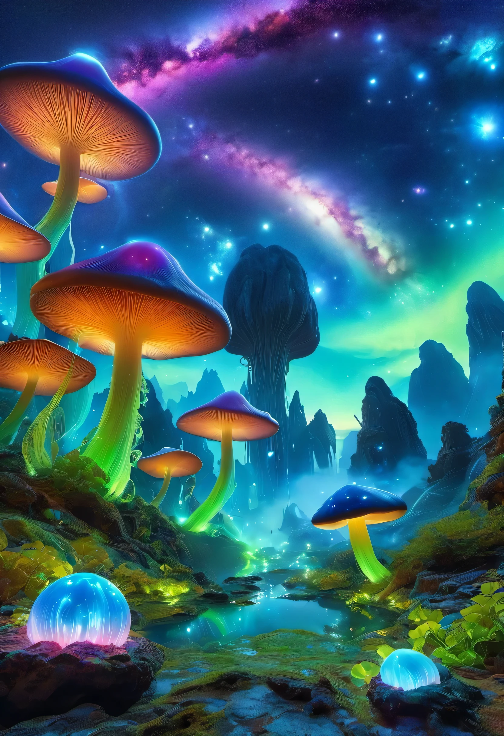 （best quality，4k，8k，HD，masterpiece：1.2），Super detailed，lifelike，alien landscape，beauty，Colorful，original，otherworldly，exotic，alien creature，dense vegetation，otherworldly plants and flowers，glowing mushroom，floating rocks，bioluminescent organisms，ethereal atmosphere，unusual geological formations，crystal-like structure，Alien sky with multiple moons and nebulae，strange constellations，amazing wildlife，unexplored terrain，Vivid and contrasting colors，Weird lighting effects，The ruins of an unknown civilization，alien architecture，energy ball，beam，alien energy，Celestial energy，Peaceful and mysterious atmosphere，spectacular view，majestic mountains，Fall，Surreal reflections，coexisting alien creature，Alien life forms with unique characteristics，close celestial body，strange celestial event，a profound sense of wonder and awe，Intrepid explorer discovers secrets of alien world，infinite possibilities。