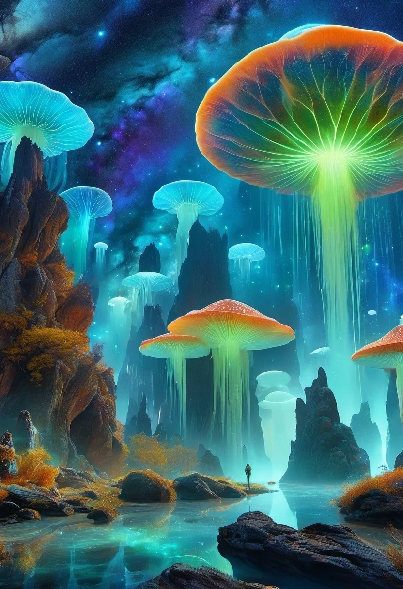 （best quality，4k，8k，HD，masterpiece：1.2），Super detailed，lifelike，alien landscape，beauty，Colorful，original，otherworldly，exotic，alien creature，dense vegetation，otherworldly plants and flowers，glowing mushroom，floating rocks，bioluminescent organisms，ethereal atmosphere，unusual geological formations，crystal-like structure，Alien sky with multiple moons and nebulae，strange constellations，amazing wildlife，unexplored terrain，Vivid and contrasting colors，Weird lighting effects，The ruins of an unknown civilization，alien architecture，energy ball，beam，alien energy，Celestial energy，Peaceful and mysterious atmosphere，spectacular view，majestic mountains，Fall，Surreal reflections，coexisting alien creature，Alien life forms with unique characteristics，close celestial body，strange celestial event，a profound sense of wonder and awe，Intrepid explorer discovers secrets of alien world，infinite possibilities。