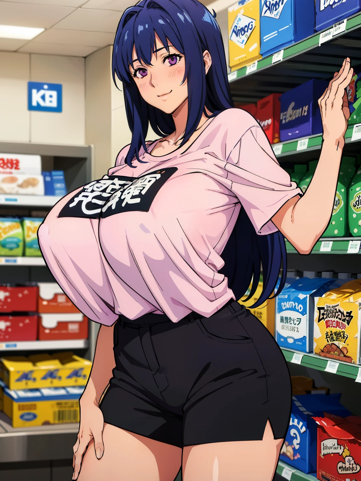 standing pose, using casual t shirt, black short pants, att grocery store, NJAkiV4, takeda hiromitsu style, anime cels style, best quality, high resolution, (gigantic breasts:1.3), cowboy shot, blush, (light smile), (purple eyes), blue hair, long hair, mature women