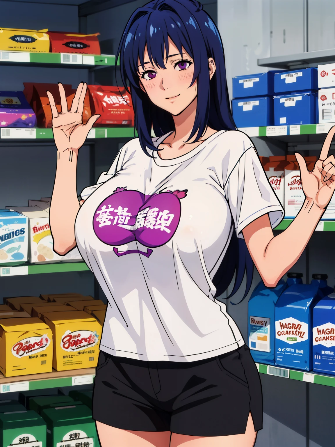 standing pose, using casual t shirt, black short pants, att grocery store, NJAkiV4, takeda hiromitsu style, anime cels style, best quality, high resolution, (gigantic breasts:1.3), cowboy shot, blush, (light smile), (purple eyes), blue hair, long hair, mature women