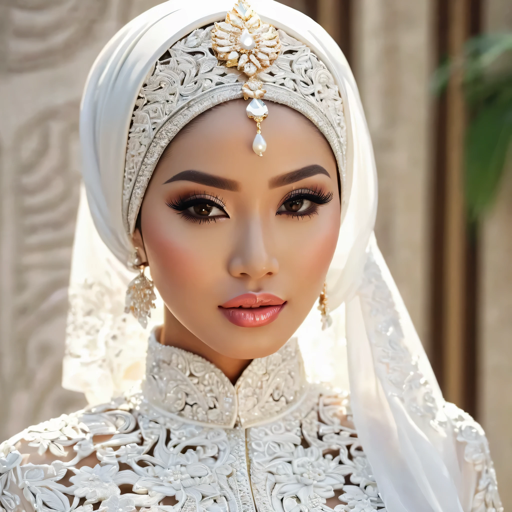Woman with intricate hair ornament wearing a white hijab dress in modern Indonesia wedding, ultra realistic,32k,intricate details, sharp focus, realistic, closed, black eyes, jewelr, lips, realistic, looking_at_viewer, irene1, wet skin, shiny skin, long sleeves, indonesian muslim clothes, hijab, sunda, sundanese, wedding, dynamic pose,(( kebaya)),full body,curvy body,long hair,beauty face