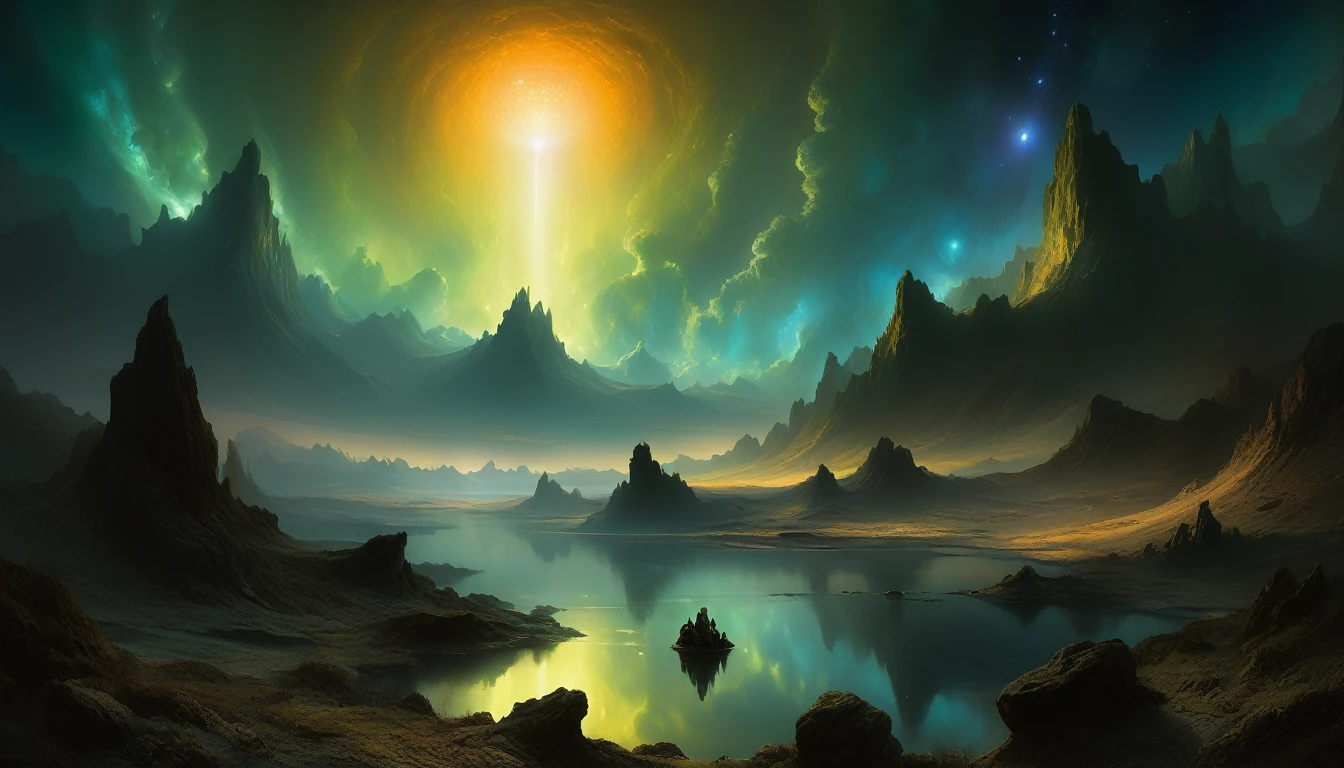 In a marriage of the enigmatic and the sublime, envision an Alien Landscape depicted with the masterful strokes of Rembrandt. Picture a canvas where celestial bodies hang in the velvety darkness, their iridescent glow illuminating a terrain both alien and captivating. Crystalline formations rise like sentinels from the alien ground, catching the ethereal light in a dance of shadows and highlights. Strange flora, bathed in an otherworldly luminescence, populate the foreground, their intricate details rendered with Rembrandt's signature chiaroscuro. Amidst this surreal landscape, figures stand in contemplation, their faces aglow with wonder and curiosity. This fusion of extraterrestrial allure and Rembrandt's mastery invites viewers into a world of mystery and imagination.