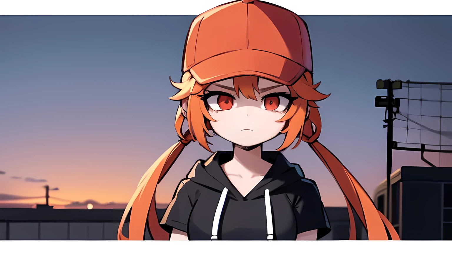 1girl,solo,upper body,looking at viewer,facing viewer,low twintails,orange short hair,red eyes,parted bangs,white hairtie,black hoodie,hair pulled back,solid outline,lifeless eyes,mad,sad,baseball cap,sunset,roof