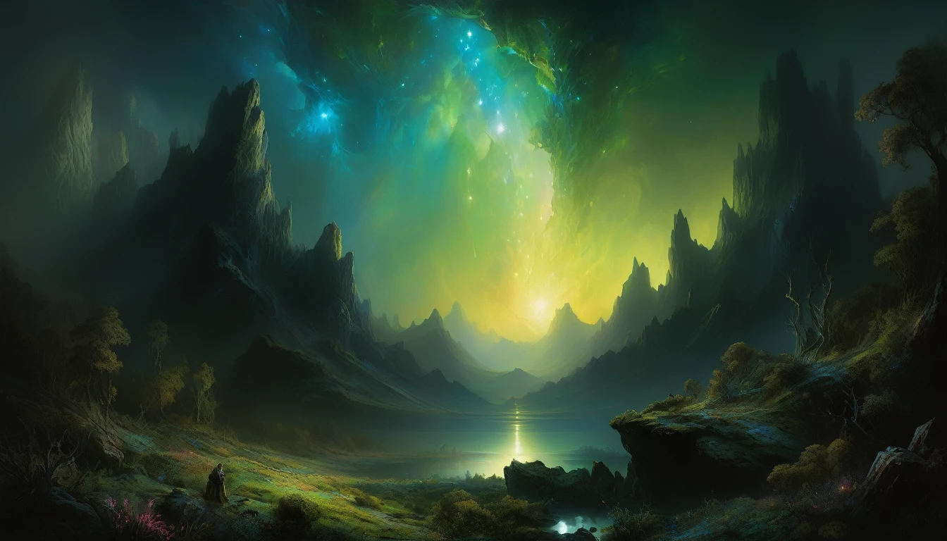 A captivating masterpiece of an alien landscape, painted with the skillful brushstrokes of Rembrandt. In the vast darkness, celestial bodies emit a mesmerizing iridescence, casting their glow onto an unfamiliar terrain. Majestic crystalline formations rise from the ground, interacting with the shifting light to create dramatic shadows and highlights. The foreground is populated with luminescent flora, their intricate details accentuated by Rembrandt's signature chiaroscuro technique. In the midst of this surreal environment, figures stand in awe, their faces illuminated with wonder and curiosity. This harmonious blend of otherworldly beauty and Rembrandt's artistic prowess invites viewers to explore a realm of enigma and imagination.