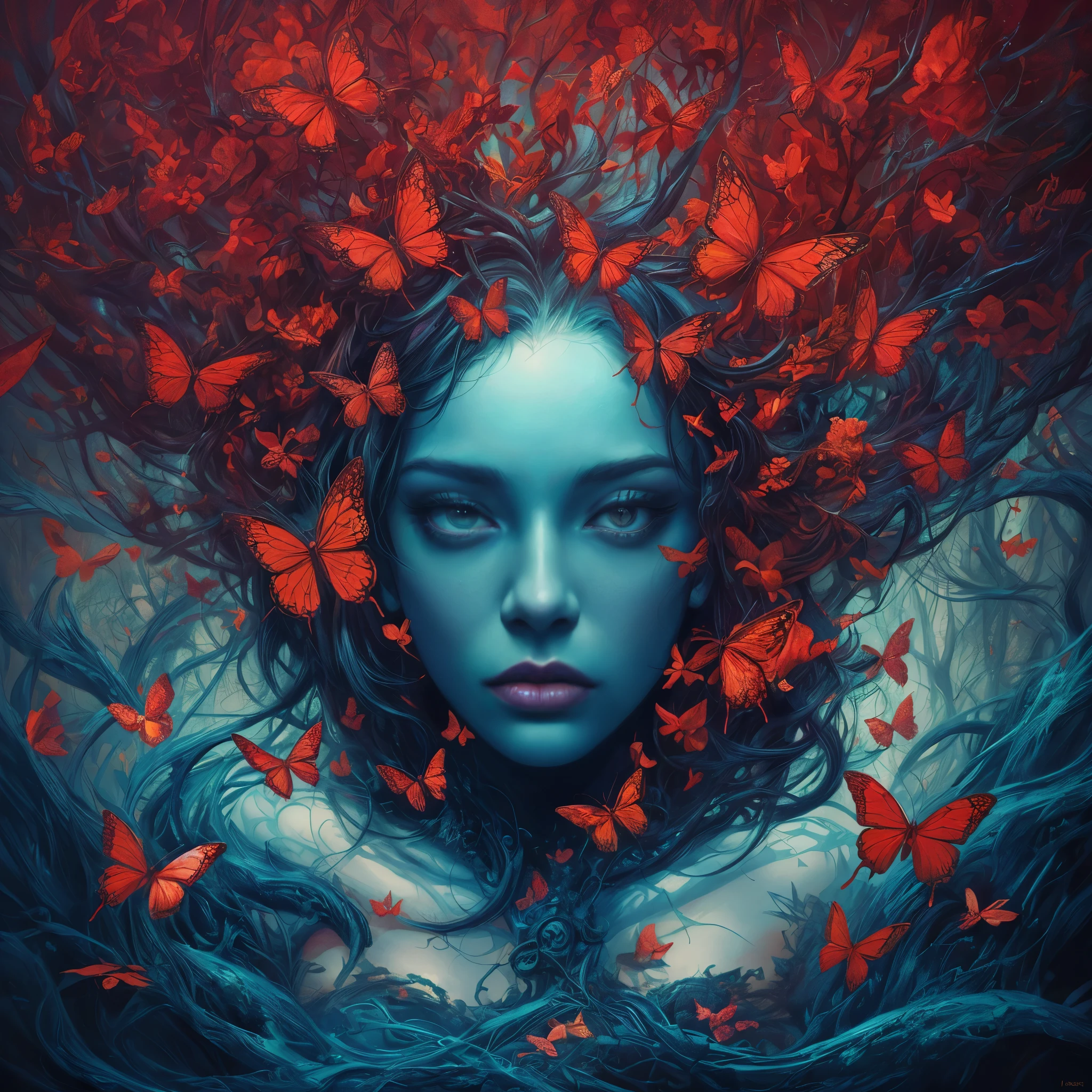 a painting of a woman with red butterflies in her hair, beautiful digital art, beautiful beautiful digital art, beautiful digital art, Beeple und Jeremiah Ketner, Beautiful surreal portrait, emotionale surrealistische Kunst, beautiful digital artwork, the butterfly goddess of fire, anna dittman, surreale und Fantasy-Kunst, Inspiriert von Tomasz Alen Kopera, very beautiful digital art