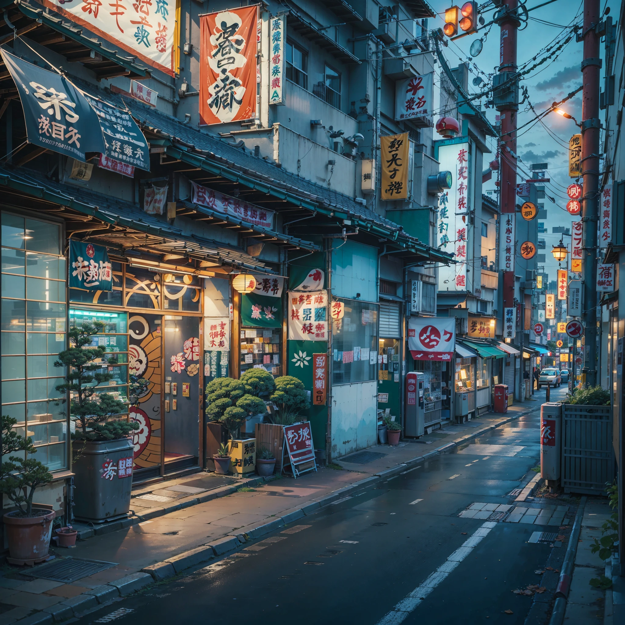 anime background, anime wallpaper, best quality, anime, anime style, anime vibe, anime scene, retro tokyo shop, 80s style japanese retro shop, shop on the side of a road where the road is overlooking the city, japan, nighttime, night time, night, dark, scene lit up from the shop, big retro japanese shop signs, japanese shop banners, japanese billboards, japanese shop signs, japanese signs, japanese banners, banners, plant pots, trash cans, air vents, gutters, telephone wires, wires, cables, air ventilation systems, (no one: 1), no one in sight, empty scene
