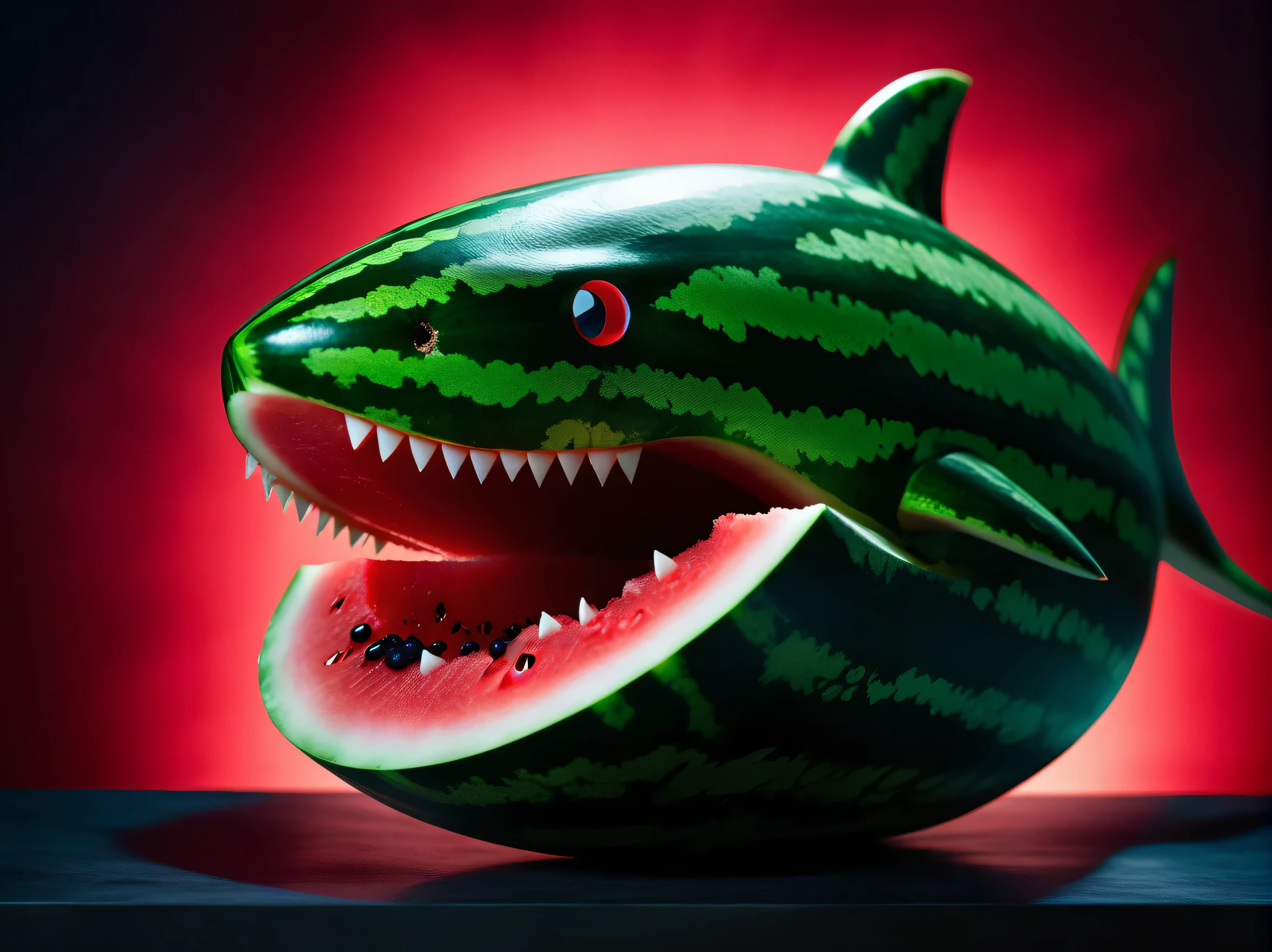 Photo of (a watermelon:0.6) that looks like (a shark:0.5), cinematic, movie still, dramatic lighting, keylighting