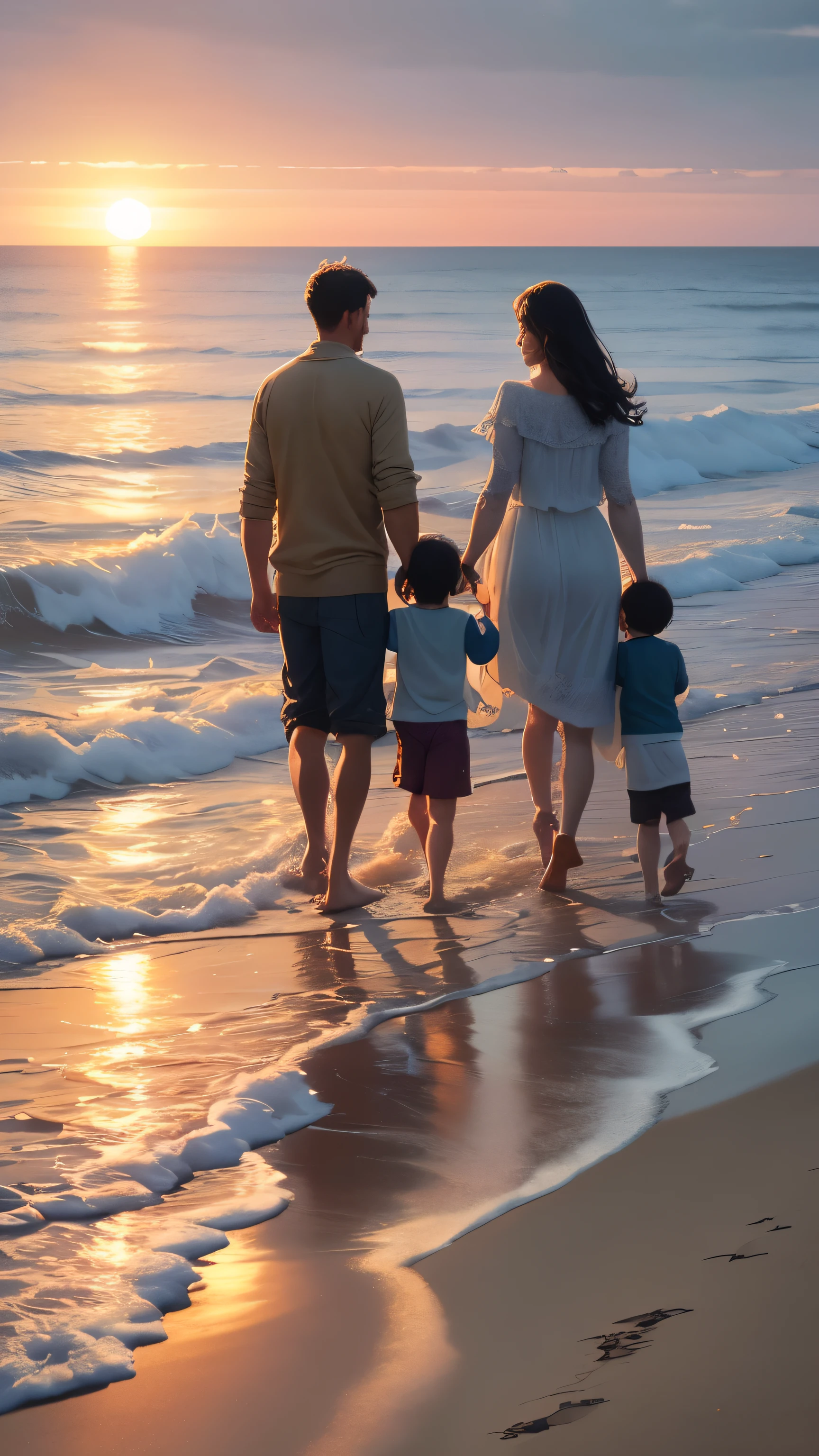 A family of four walks along the sandy beach towards the sunset.