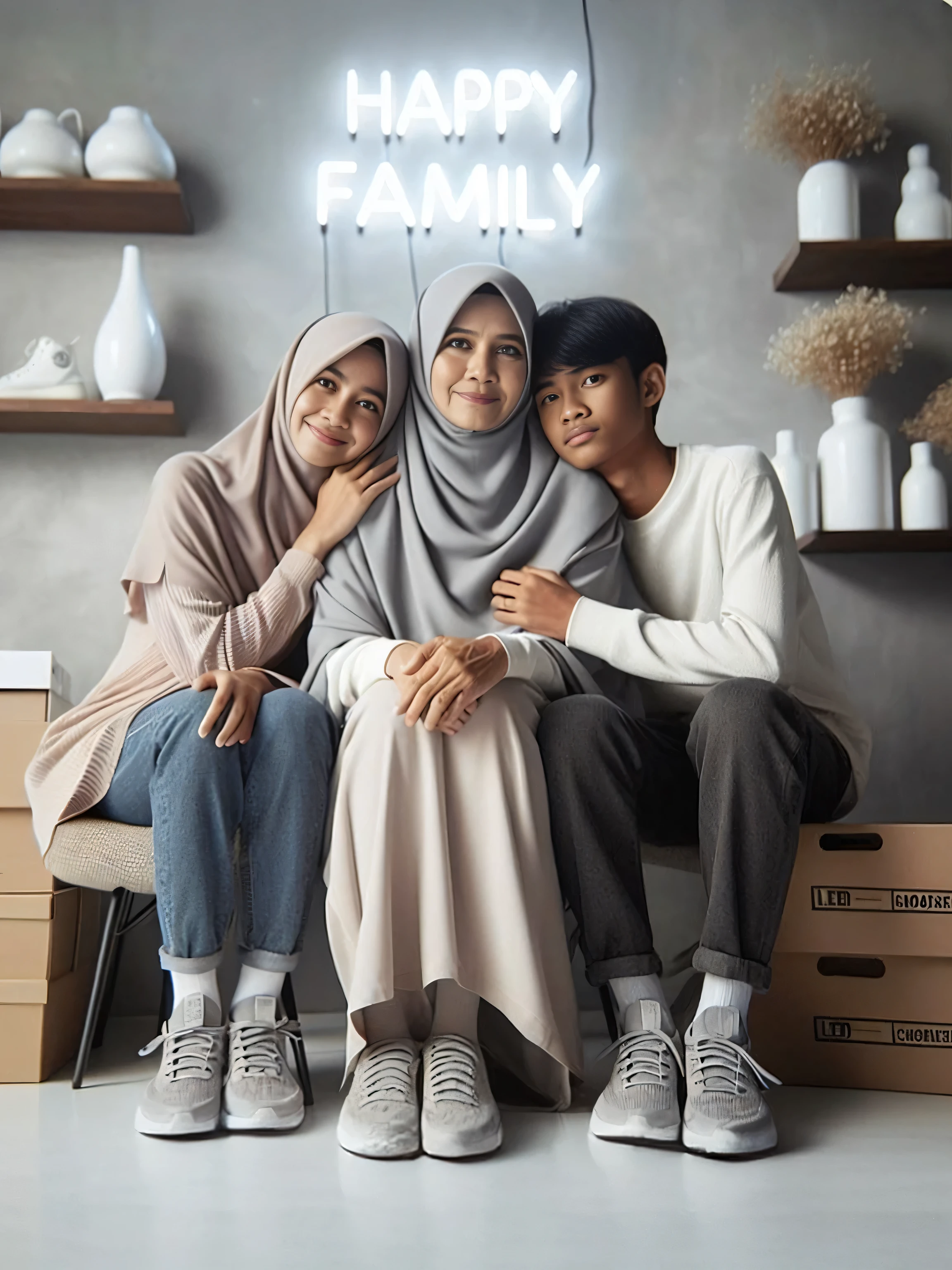 there are three people sitting on a couch with a neon sign, an indonesian family portrait, happy family, family, by Basuki Abdullah, family portrait, home photography portrait, portrait of family of three, family photography, husband wife and son, 🕹️ 😎 🔫 🤖 🚬, medium shot portrait, mid shot portrait, fujifilm”, realism art, photoshoot