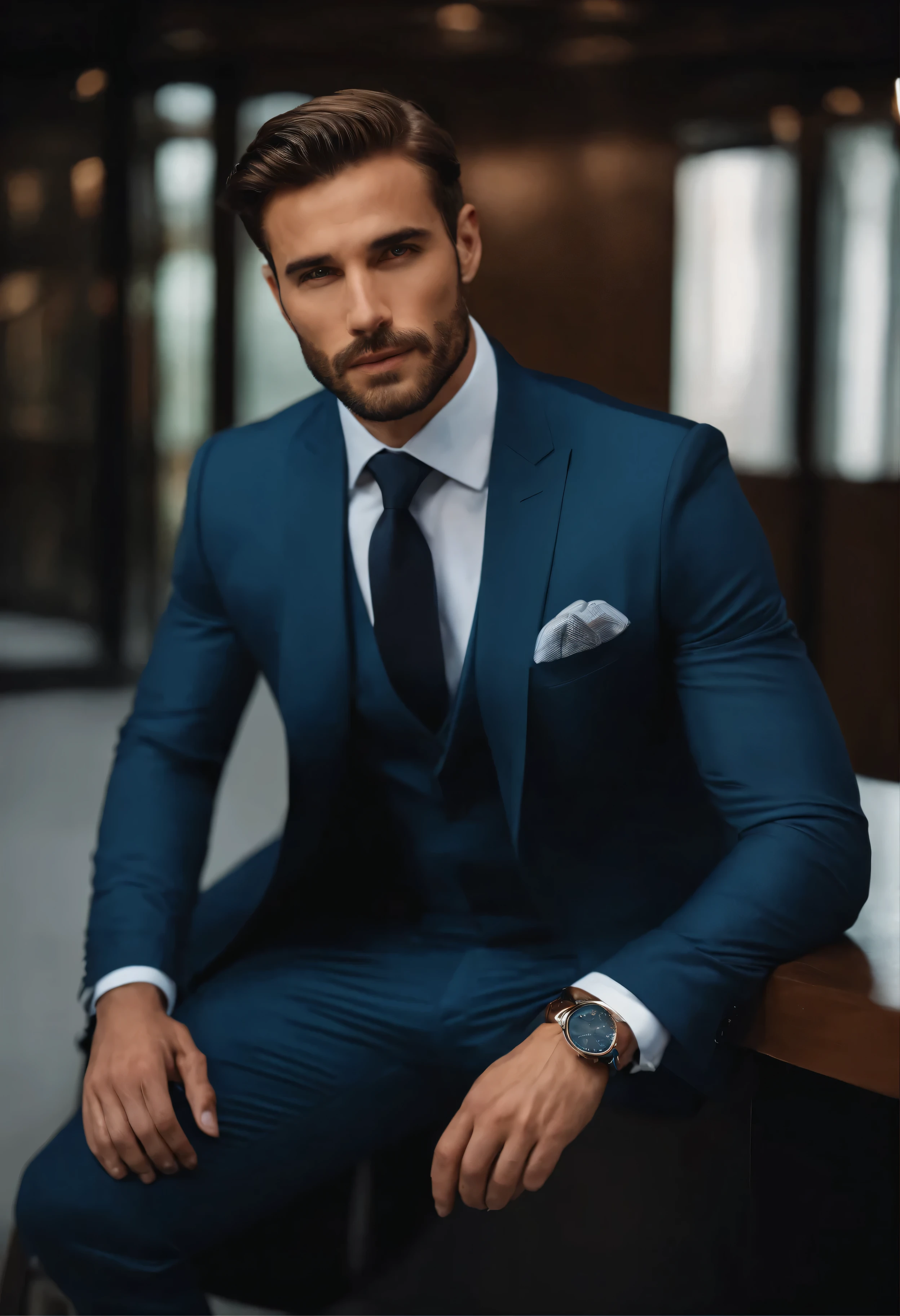 Attractive 30 year old man wearing Hugo Boss business suit , Hermosa barba , Hombre ejecutivo sexy, Terno donc, Front camera focus, Modo retrato, Perfectly straight in front of the camera.