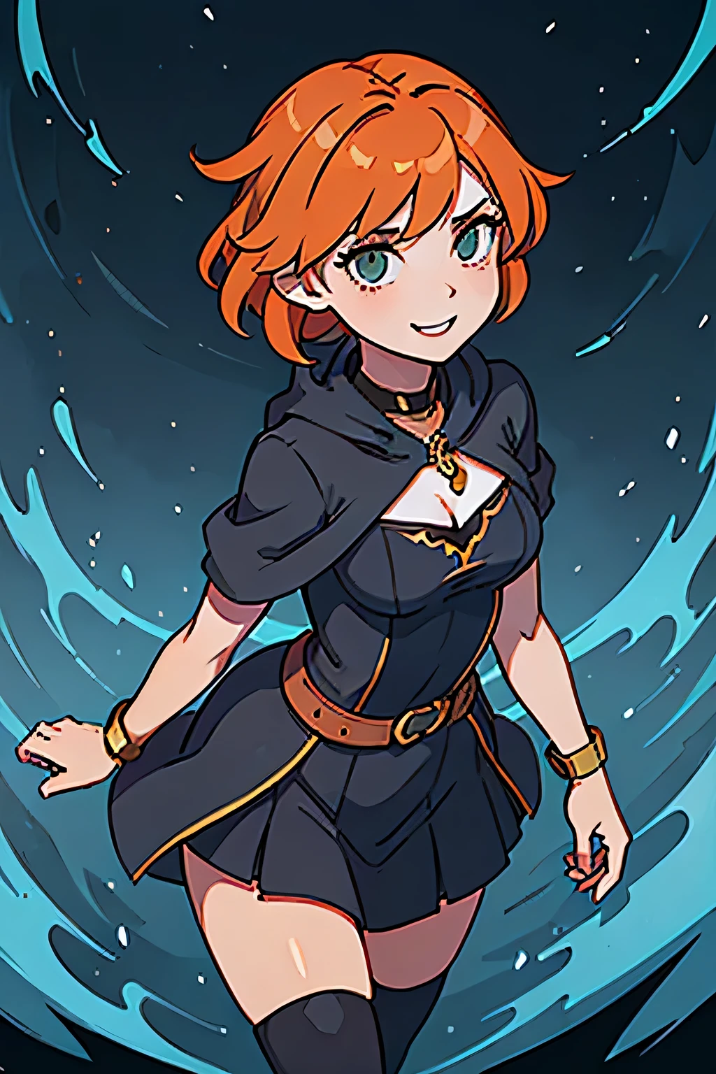 (((masterpiece))), (((best quality))), illustration, single character, game character, rpg character, female character, female necromancer, dark blue dress with golden details, leather bracers. huge cleavage. small breasts. gemmed necklace. side butt. wide hips. up turned hips. Side hips exposed. wavy short hair. orange short hair, slightly pointy ears, yellowgreen eyes, malicious face, smile. attittude woman. open hooded short black cloak. orange hair. sexy posing. dungeon background, flat color background, anime character, 8k, awesome quality
