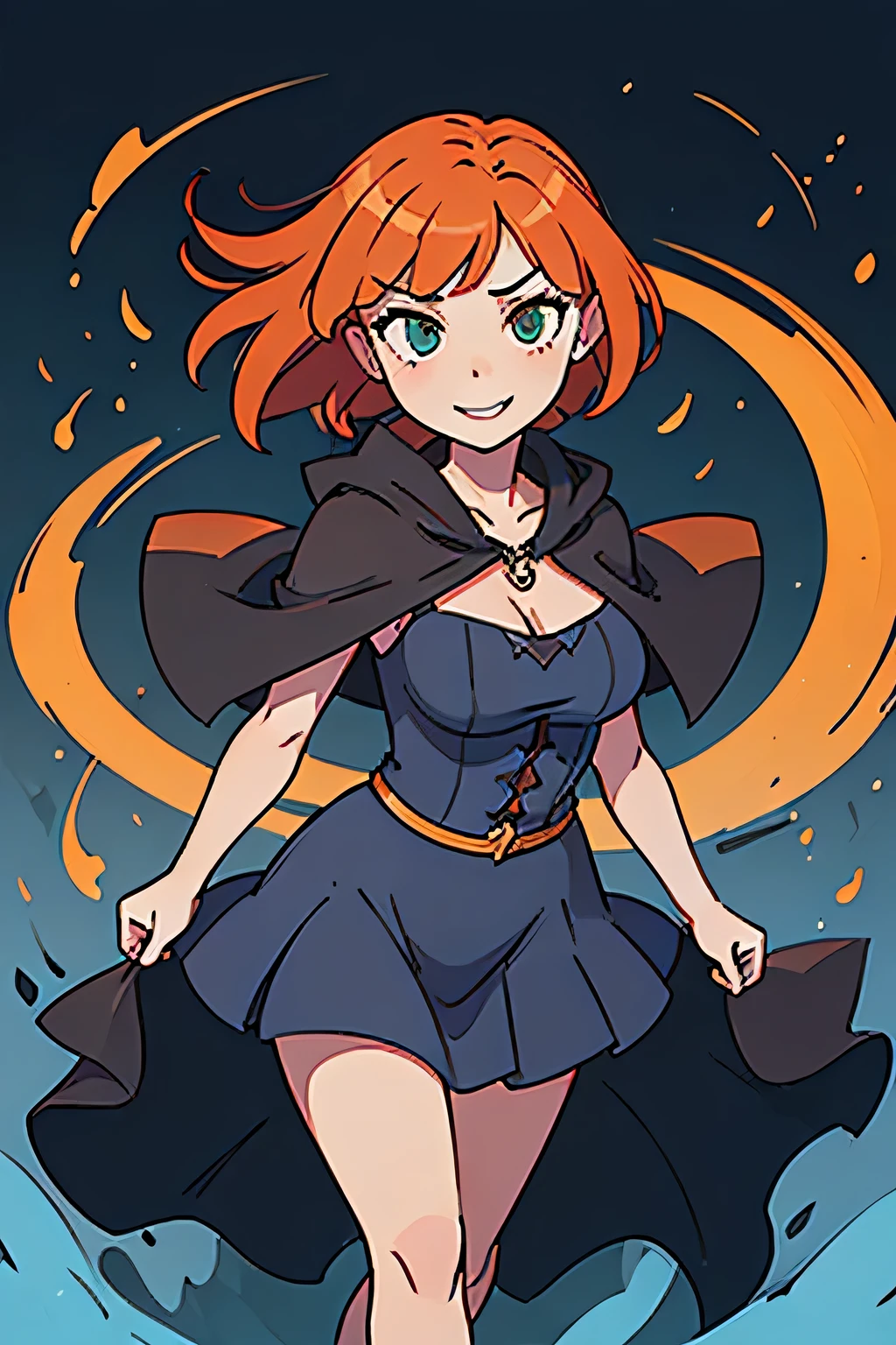 (((masterpiece))), (((best quality))), illustration, single character, game character, rpg character, female character, female necromancer. athletic girl. skimpy. dark-blue dress with golden details and lines, open dress. exposed legs. leather bracers. huge open cleavage, big gem necklace. tiny breasts. small titties. wide hips. perky butt. up turned hips. wavy short hair. flowing orange hair, olive eyes, sexy face expression. laughing smile. open hooded black cloak. orange hair. action pose. cosmic background, flat color background, anime character, 8k, awesome quality