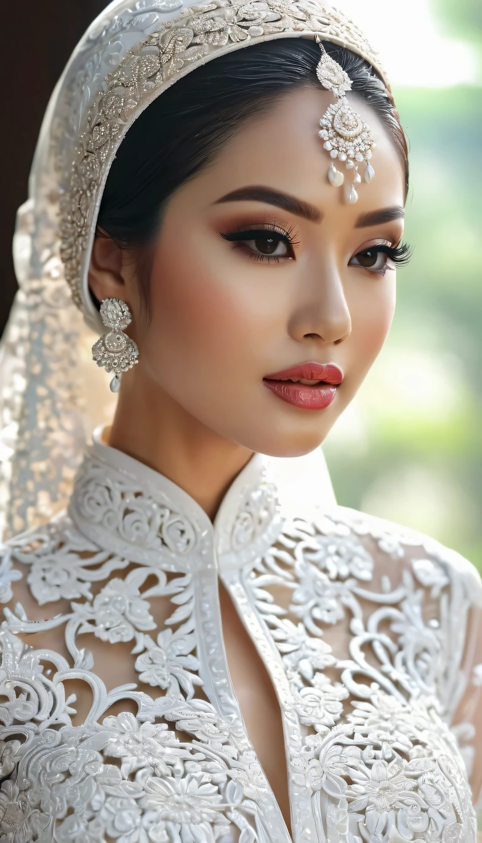 Woman with intricate hair ornament wearing a white hijab dress in modern Indonesia wedding, ultra realistic,32k,intricate details, sharp focus, realistic, closed, black eyes, jewelr, lips, realistic, looking_at_viewer, irene1, wet skin, shiny skin, long sleeves, indonesian muslim clothes, hijab, sunda, sundanese, wedding, dynamic pose,(( kebaya)),full body,curvy body,long hair,beauty face