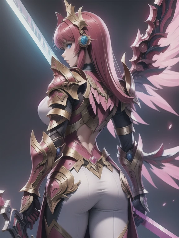 (masterpiece, best quality:1.2), Character design, ((1 girl, solo)), warrior of xian, slim body, medium chest, skinny waist, ((long deep red hair)). blue eyes. (((pink fantasy armor a female knight in a pink full armor))), (((big pauldrons, intricate details))), (((large armor wings))), (((advanced weapon fantasy plasma sword in right hand))), (standing), (((back body view))), plain gray background, masterpiece, HD high quality, 8K ultra high definition, ultra definition,