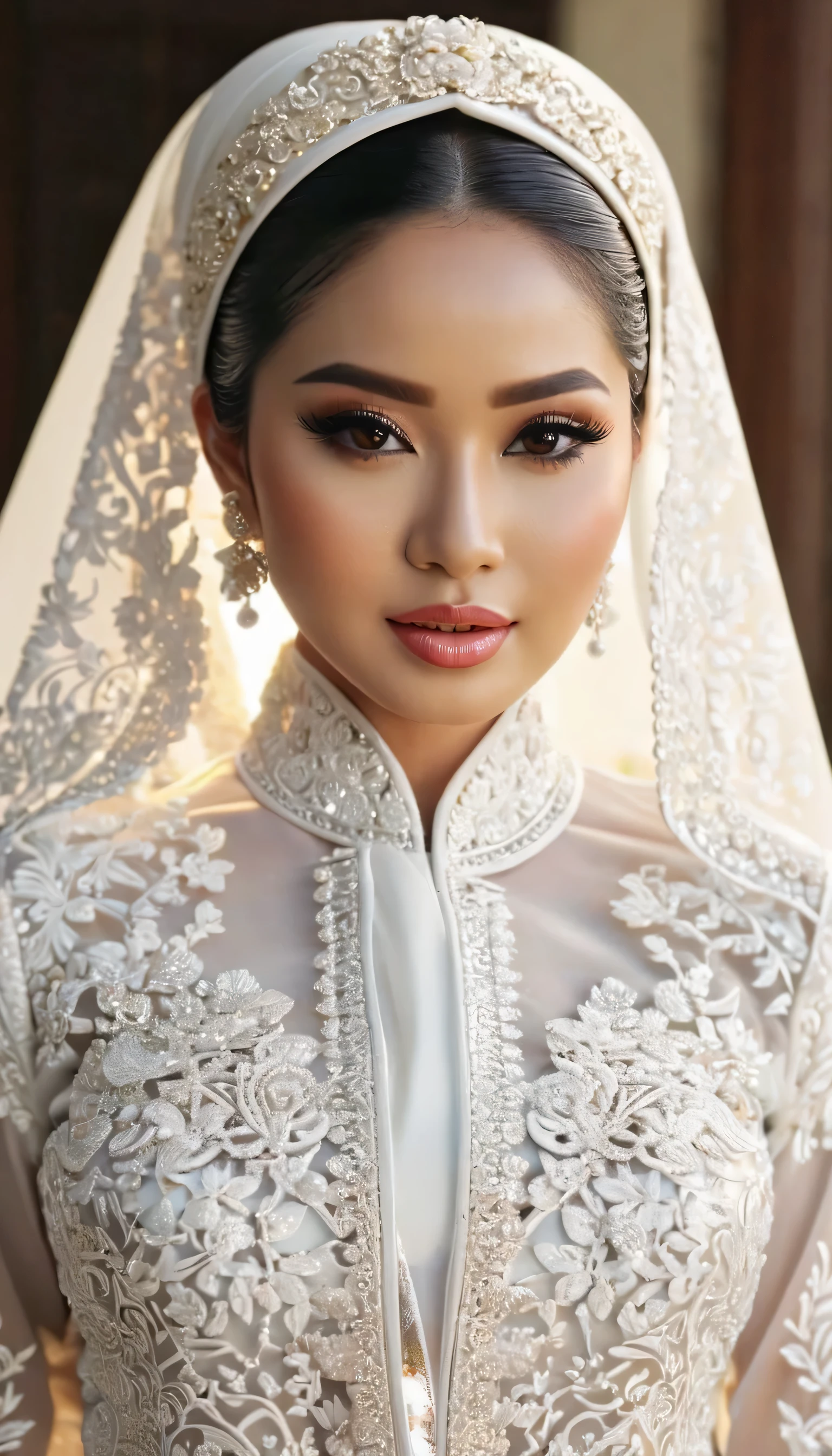 Woman with intricate hair ornament wearing a white hijab dress in modern Indonesia wedding, ultra realistic,32k,intricate details, sharp focus, realistic, closed, black eyes, jewelr, lips, realistic, looking_at_viewer, irene1, wet skin, shiny skin, long sleeves, indonesian muslim clothes, hijab, sunda, sundanese, wedding, dynamic pose,(( kebaya)),full body,curvy body,long hair,beauty face