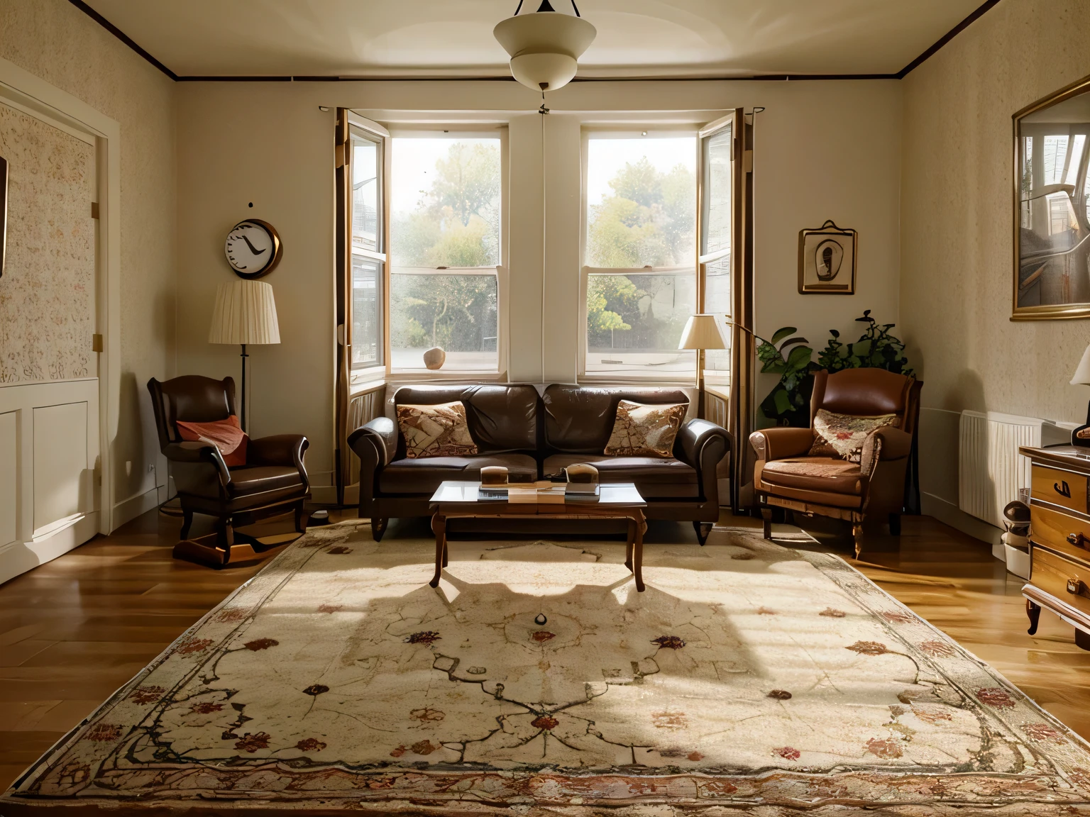 a retro room, family atmosphere, a painting and a clock on the wall and a carpet on the floor, facing the window
