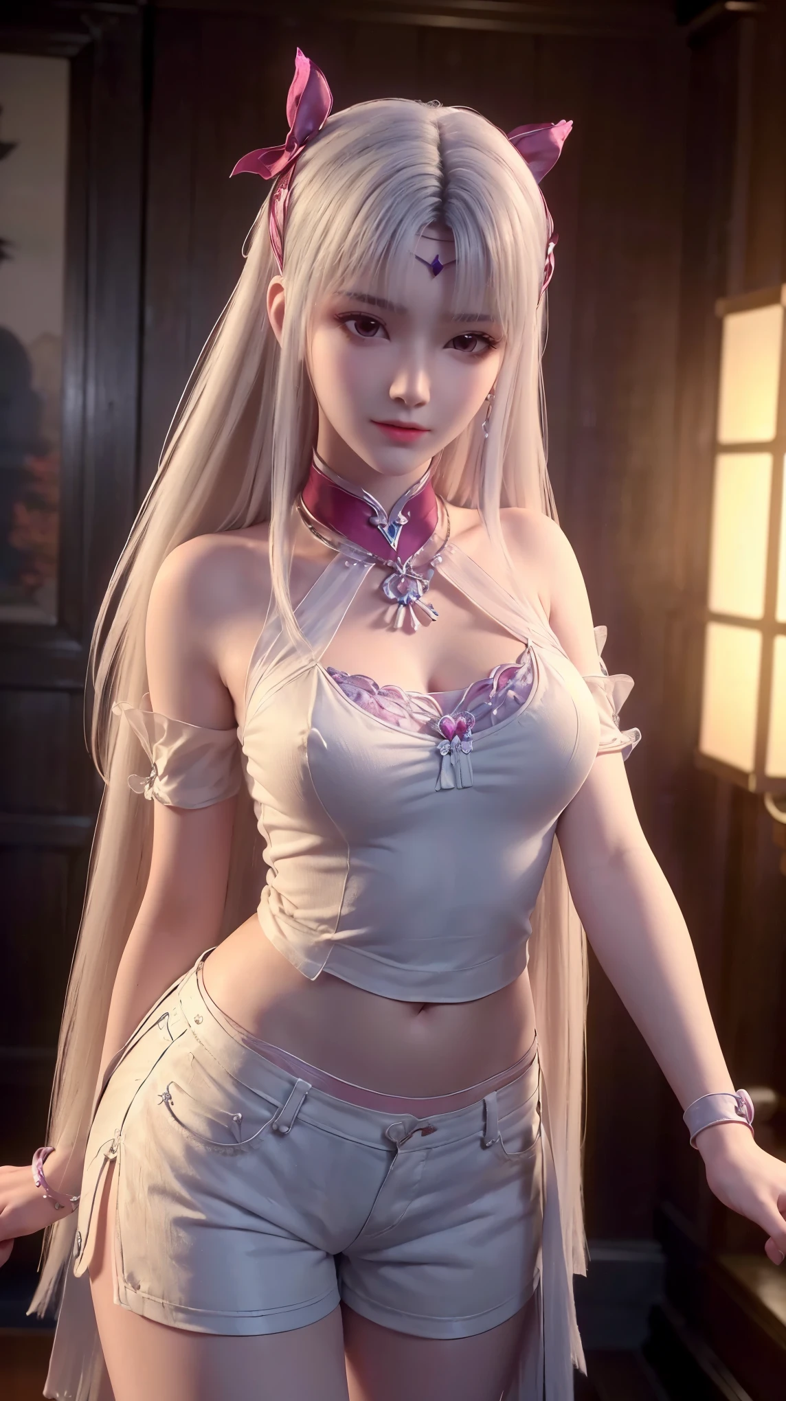 (extremely detailed CG unity 8k wallpaper), (((masterpiece)), ((best quality)), ((extremely delicate and beautiful)), realism, very pretty girl, masterpiece, best quality, Red T-shirt, shorts, neon lights, Rococo, Facial skin comes to life、exquisite, 8k wallpaper, black ribbon, White bow, real, The original, long hair, super long hair, heart shaped hair accessories, jewelry, Ribbon necklace, period, wristband, seductive smile, Excited, heart shaped pupils, look up, look up, permanent, extremely delicate and beautiful, Dynamic angle, Navel exposed, head tilt, Expand, fighting stance,