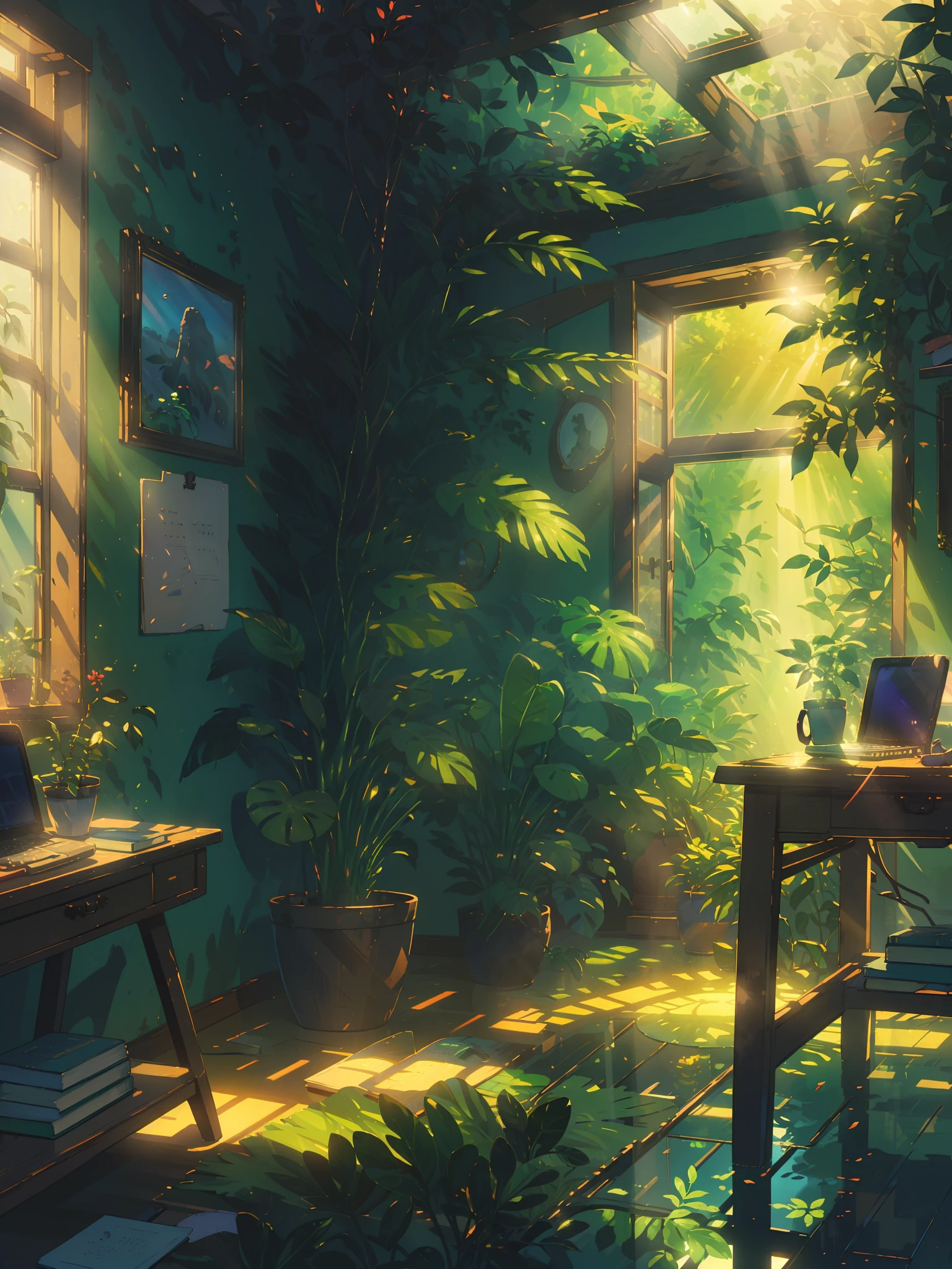 (masterpiece:1), (wide view:1.7),(workspace setup:1.8), (red and green tones:1.3), (laptop:1.6), (books:1.65), silence, (plat pots:1.5), (blinders:1.5), (red soft light through window:1.7), (big leafy plants:1.5), magnificent sky, (volumetric light:1.2), peaceful, (floor bed:1.4), (aesthetically pleasing:1.5),(bright light:1.3), (calmness:1.3), (yellow walls:1.5), (shadow:1.4), (beautiful aesthetics:1.2), (carpet:1.5), (frames on wall:1.4) beautiful tones, subtle colors, peaceful, (illustration: 1.0), epic composition, realistic lighting, (no human:1.6), HD details, masterpiece, best quality, ,