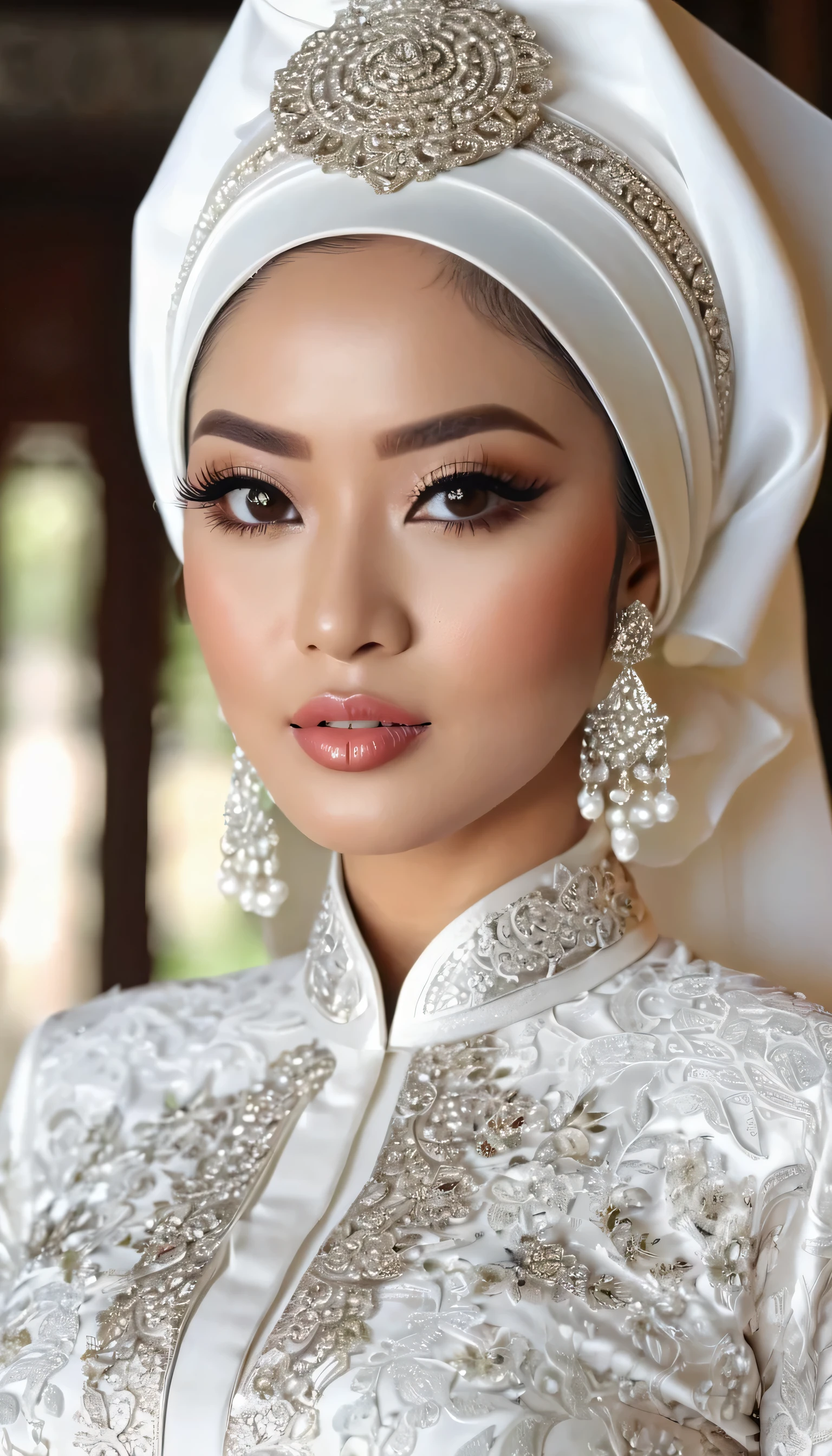 Woman with intricate hair ornament wearing a white hijab dress in modern Indonesia wedding, ultra realistic,32k,intricate details, sharp focus, realistic, closed, black eyes, jewelr, lips, realistic, looking_at_viewer, irene1, wet skin, shiny skin, long sleeves, indonesian muslim clothes, hijab, sunda, sundanese, wedding, dynamic pose,(( kebaya)),full body,curvy body,long hair,beauty face