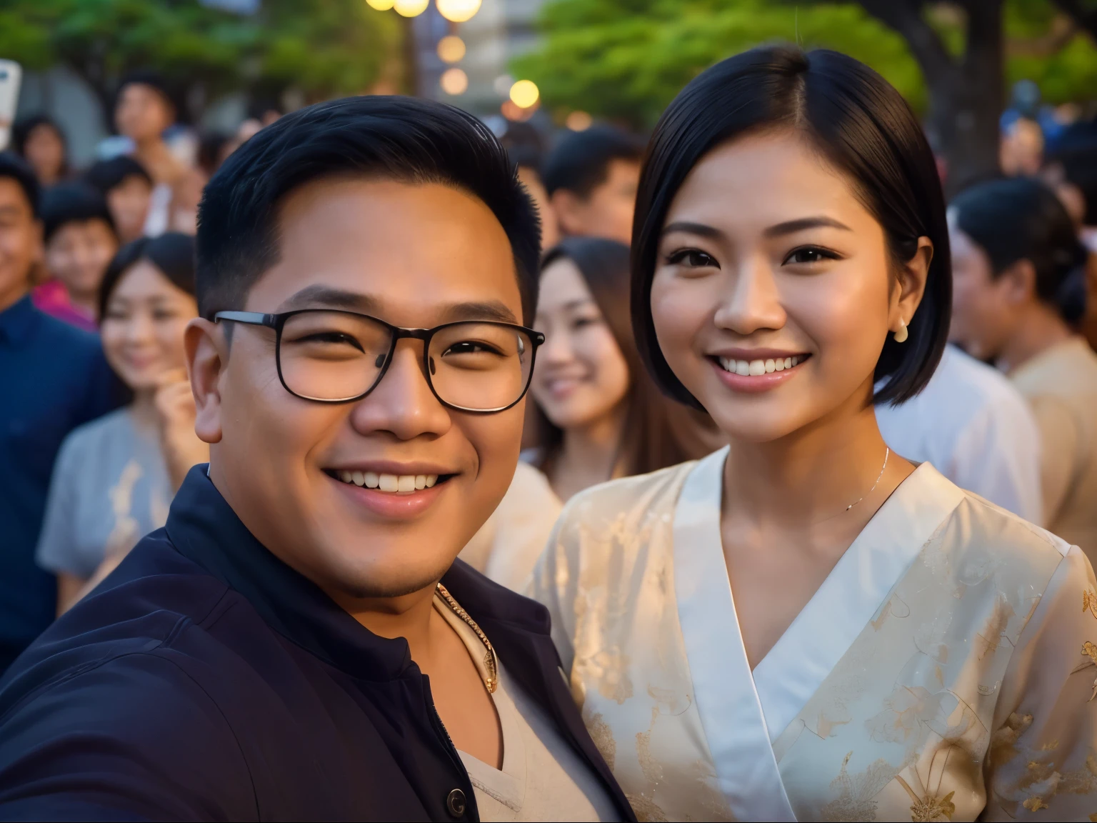 (Best quality, 8k, 32k, Masterpiece, UHD:1.2) "Generate a heartwarming scene featuring a chubby Filipino guy with short black hair and round eye glasses, standing next to a Japanese female celebrity with short chic black hair. Both are smiling and facing the front, holding a smartphone to take a selfie together. Capture the genuine joy and camaraderie between the two, emphasizing their radiant smiles and the shared moment of capturing a memory. Utilize warm and vibrant colors to enhance the positivity of the scene, and ensure that both figures are portrayed in a dynamic and engaging manner. Highlight the cultural fusion and friendship between the two individuals, creating a visually captivating and emotionally resonant image." ((male Filipino guy)), ((Female Japanese woman))