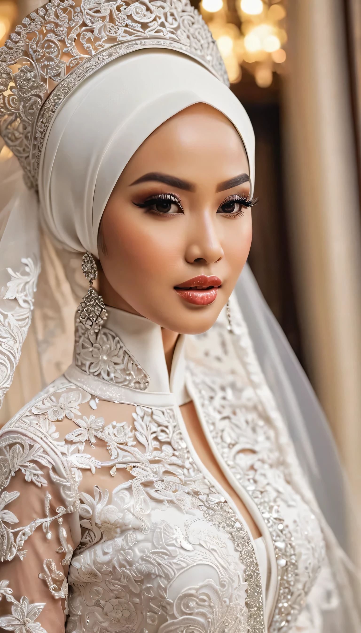 Woman with intricate hair ornament wearing a white hijab dress in modern Indonesia wedding, ultra realistic,32k,intricate details, sharp focus, realistic, closed, black eyes, jewelr, lips, realistic, looking_at_viewer, irene1, wet skin, shiny skin, long sleeves, indonesian muslim clothes, hijab, sunda, sundanese, wedding, dynamic pose,(( kebaya)),full body,curvy body,long hair,beauty face