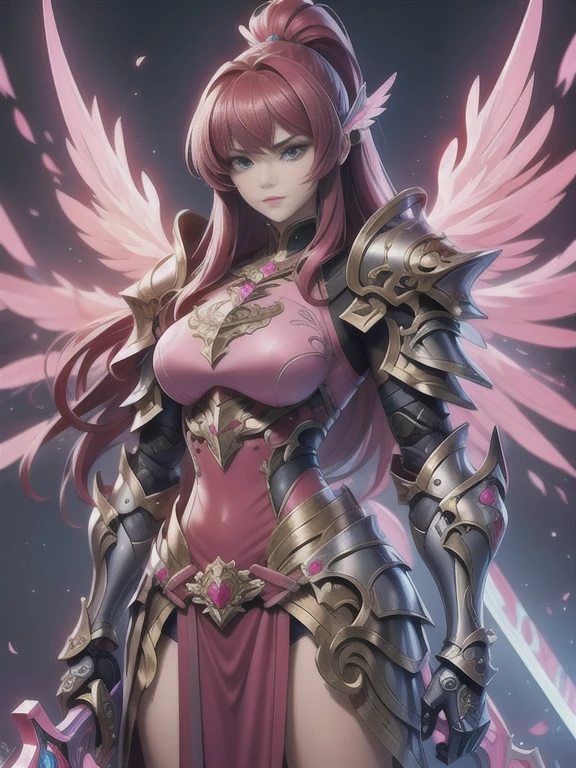 (masterpiece, best quality:1.2), Character design, ((1 girl, solo)), warrior of xian, slim body, medium chest, skinny waist, ((long deep red hair)). blue eyes. (((pink fantasy armor a female knight in a pink full armor))), (((big pauldrons, intricate details))), (((large armor wings))), (((advanced weapon fantasy plasma sword in right hand))), (standing), (((front body view))), plain gray background, masterpiece, HD high quality, 8K ultra high definition, ultra definition,