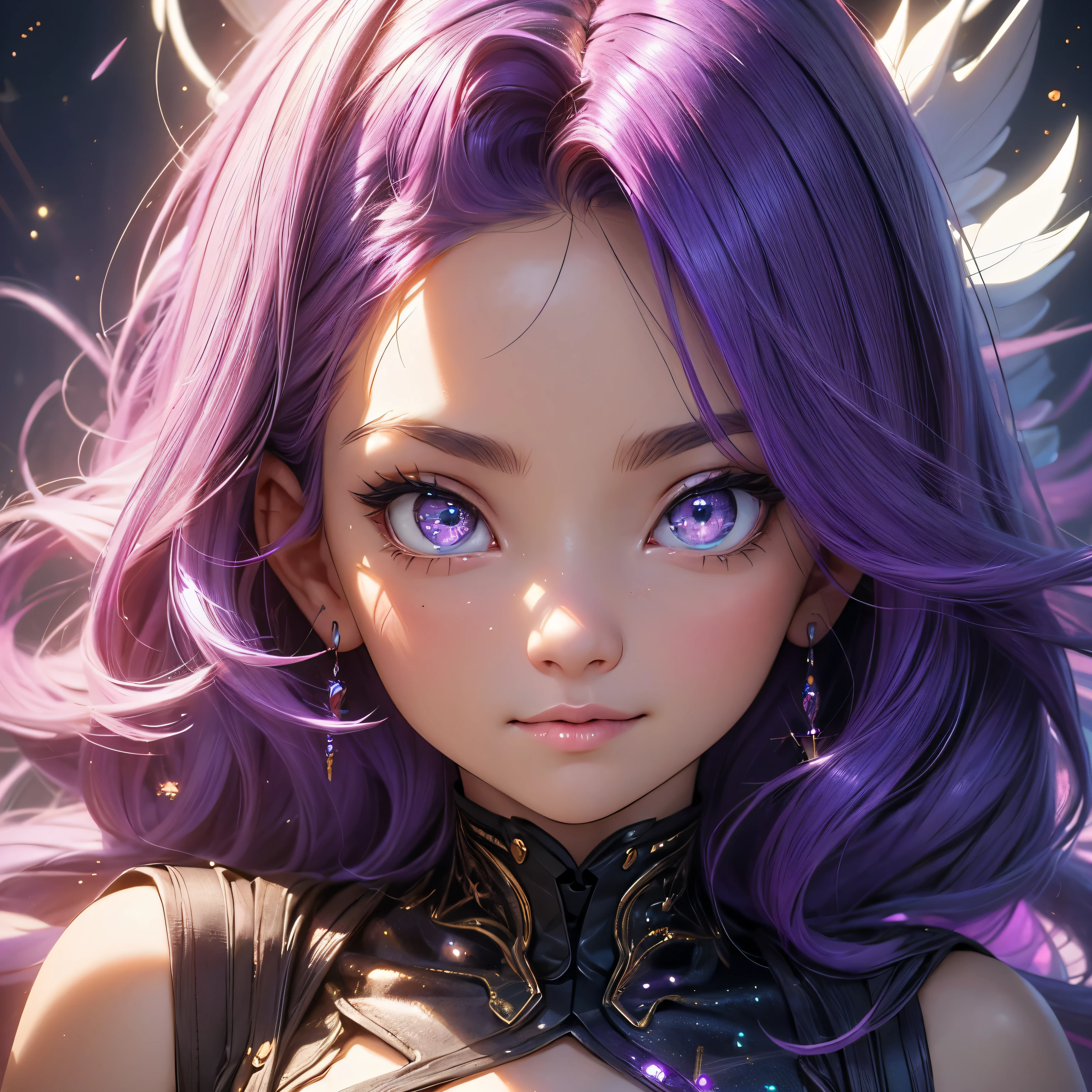 a woman,solo,masterpiece,best quality,highres,Extreme detaildelicate face, glowing purple hair,Extreme detaildelicate eyes,(face alignment),fair complexion,Exquisite hairstyle,light-colored lips,A charming smile.Strong sense of detail and layer,rich and gorgeous color,with a unique sense of texture, Rich color, color harmony, vivid painting ,design,16k,hyper detailed, abstractionism, cute big eyes, sparkles in eyes, zoom out