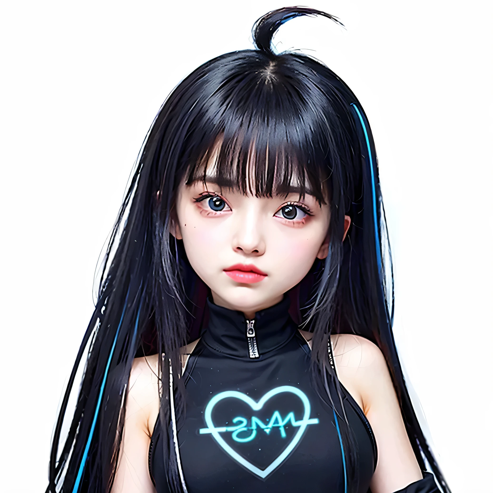 girl in a black shirt with a neon blue heart print, standing in a city, olhos rosas, cabelos pretos. 8k, hiperrealista, Ciberpunk, cabelos longos, maquiagem de e-girl, hearts drawn under the eyes, foto realista 4 k, uma calda peluda de raposa, vestindo roupas Ciberpunk.