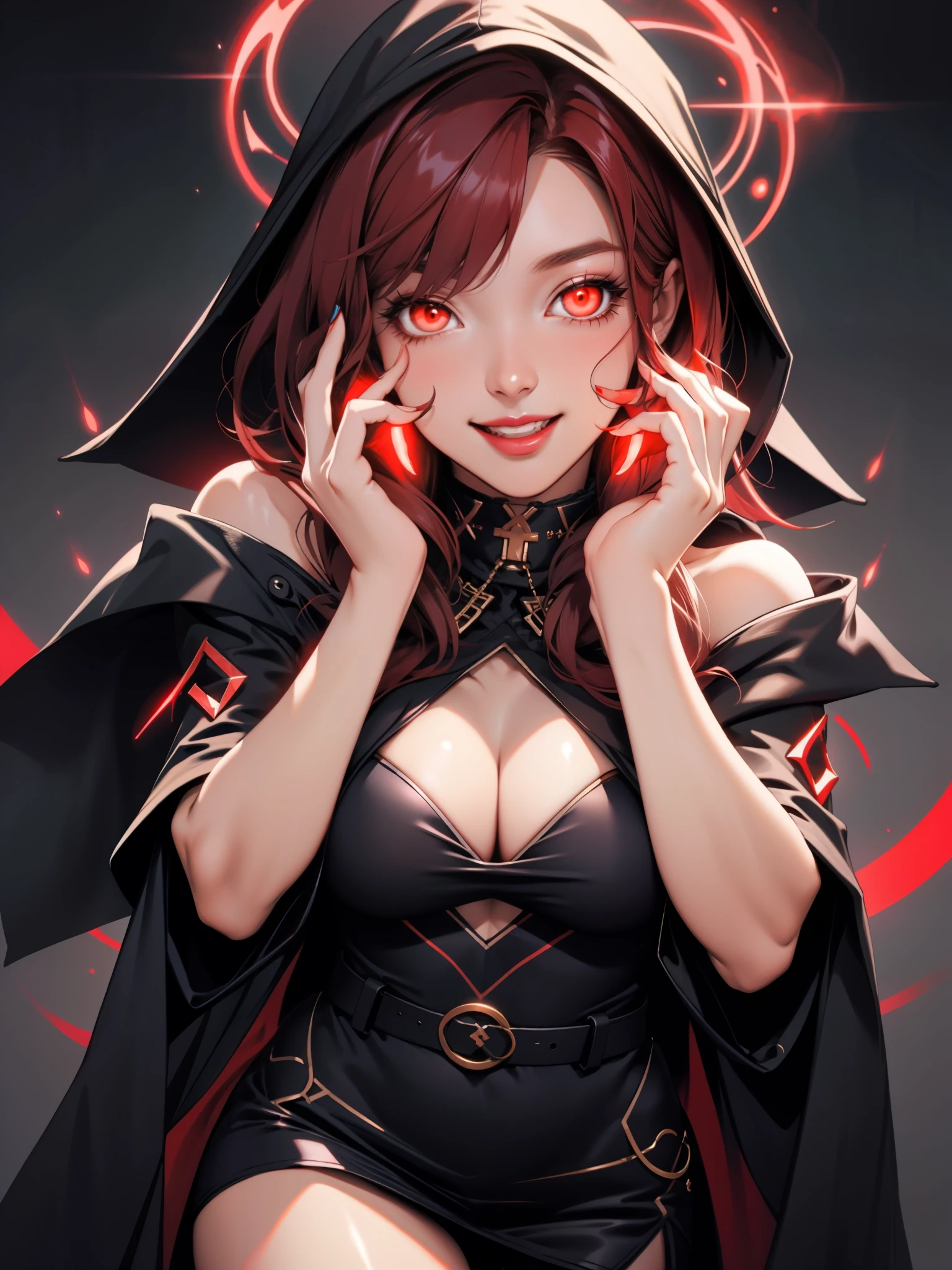 perfect eyes:1.2, detailed eyes:1.4, realistic:1.4, crazy eyes, crazy smile, open mouth, hood up, fringe:1.2, red eyes, glowing eyes, GlowingRunes_red, yandere trance, yandere, red hair, hair over shoulder, robe, cape, robe, argyle, checkered, clothing cutout, thighhighs, makeup, lipstick, cleavage, 1girl, solo, (masterpiece:1.6, best quality),