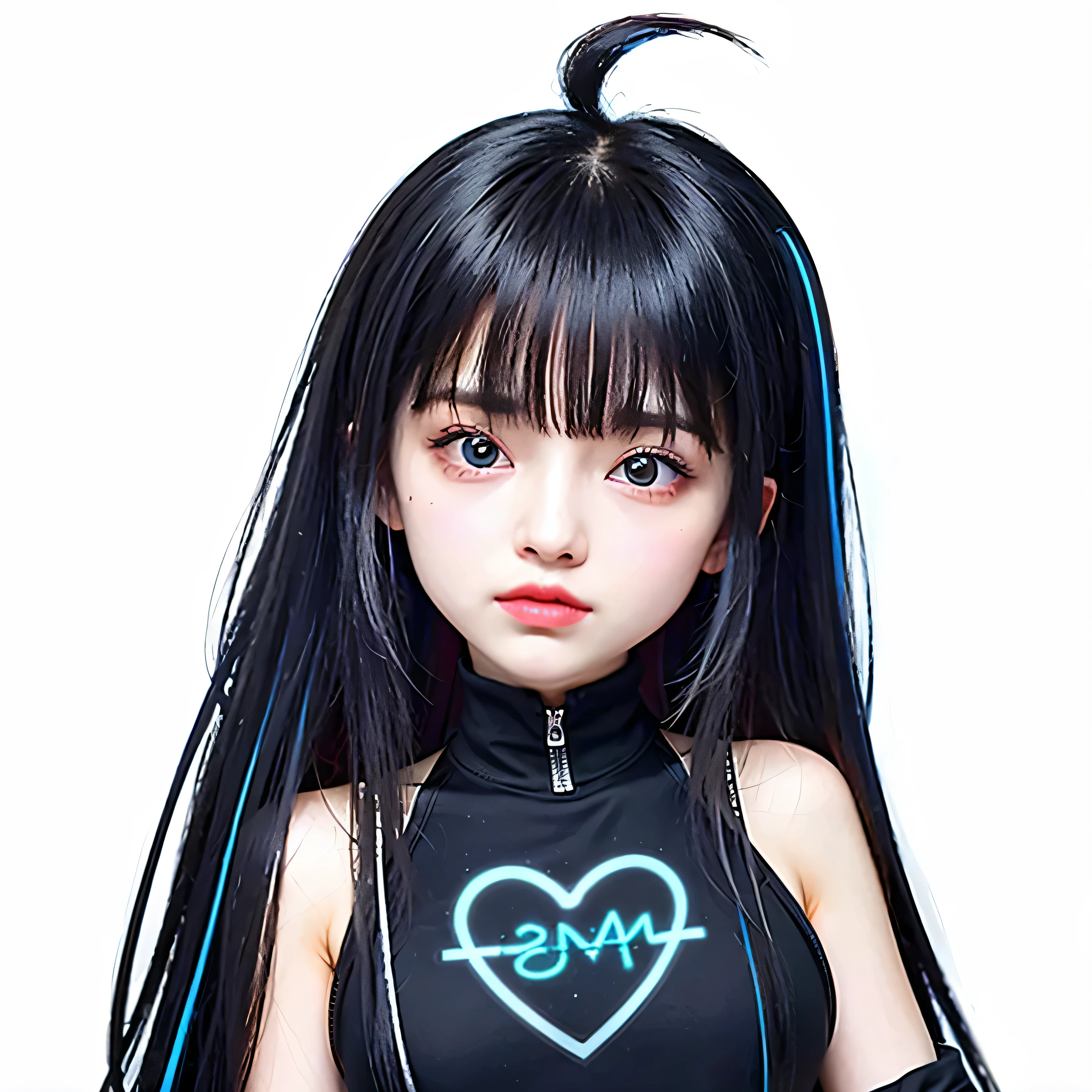 girl in a black shirt with a neon blue heart print, standing in a city, olhos rosas, cabelos pretos. 8k, hiperrealista, Ciberpunk, cabelos longos, maquiagem de e-girl, hearts drawn under the eyes, foto realista 4 k, uma calda peluda de raposa, vestindo roupas Ciberpunk.
