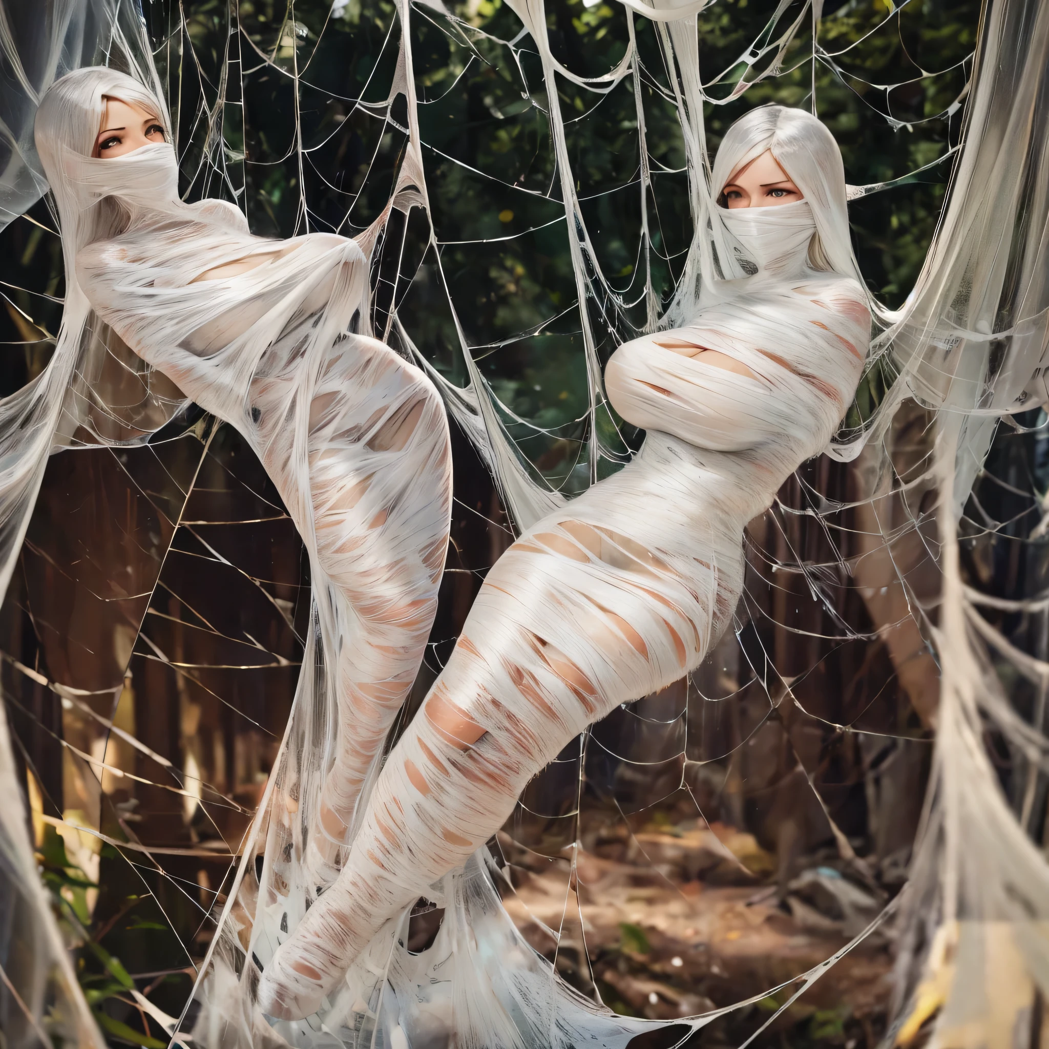 best quality,ultra-detailed,classroom,photorealistic,hanging,spiders in the web,long spider legs,beautiful girl,desperate struggle,entangled,despair,cocoon