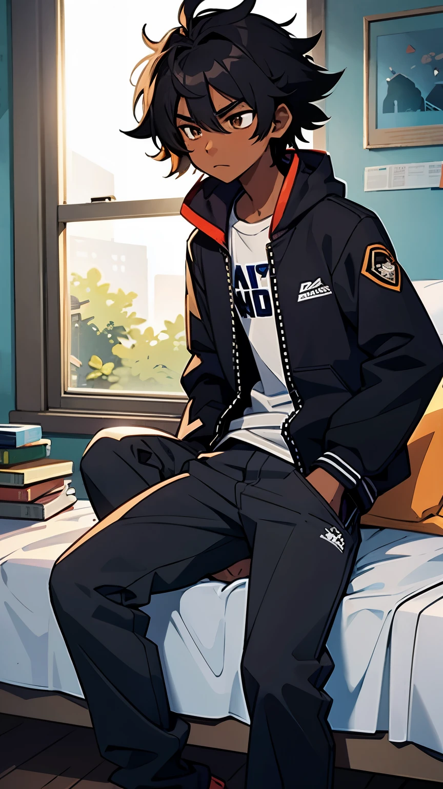 , dark skin, black hair, brown eyes, messy hair, black jacket, grey pants, sleepy face