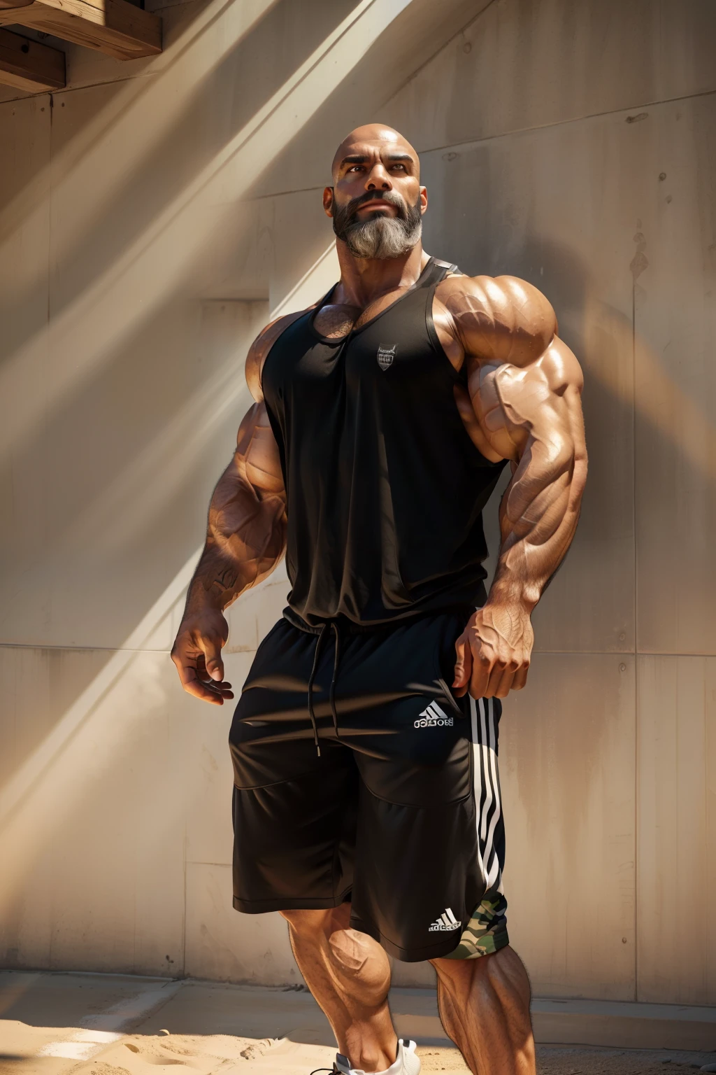 (best quality,photo-realistic:1.37),ultra-detailed,(realistic:1.37) muscular white male, bald head, thick black beard, intense gaze, defined facial features, (strong jawline), (deep-set eyes), wearing black tank top, camouflage shorts, (athletic physique), (strong arms and shoulders), (fit and toned body), (veins popping), (sweat glistening), standing confidently, (powerful presence), (controlled posture), (focused expression), (determined look), surrounded by (bright natural light), (sunlight casting dynamic shadows), (subtle reflections on the skin), (impeccable skin texture), (meticulous hair strands), (attention to skin details), (captivating facial expression), (lifelike beard growth), (subtle beard hair movements), (highly defined facial contours), (crisp edges and sharp details), (vivid colors), (rich and vibrant skin tones), (striking contrast), (expertly crafted composition), (impressive realism), (professional level artwork).