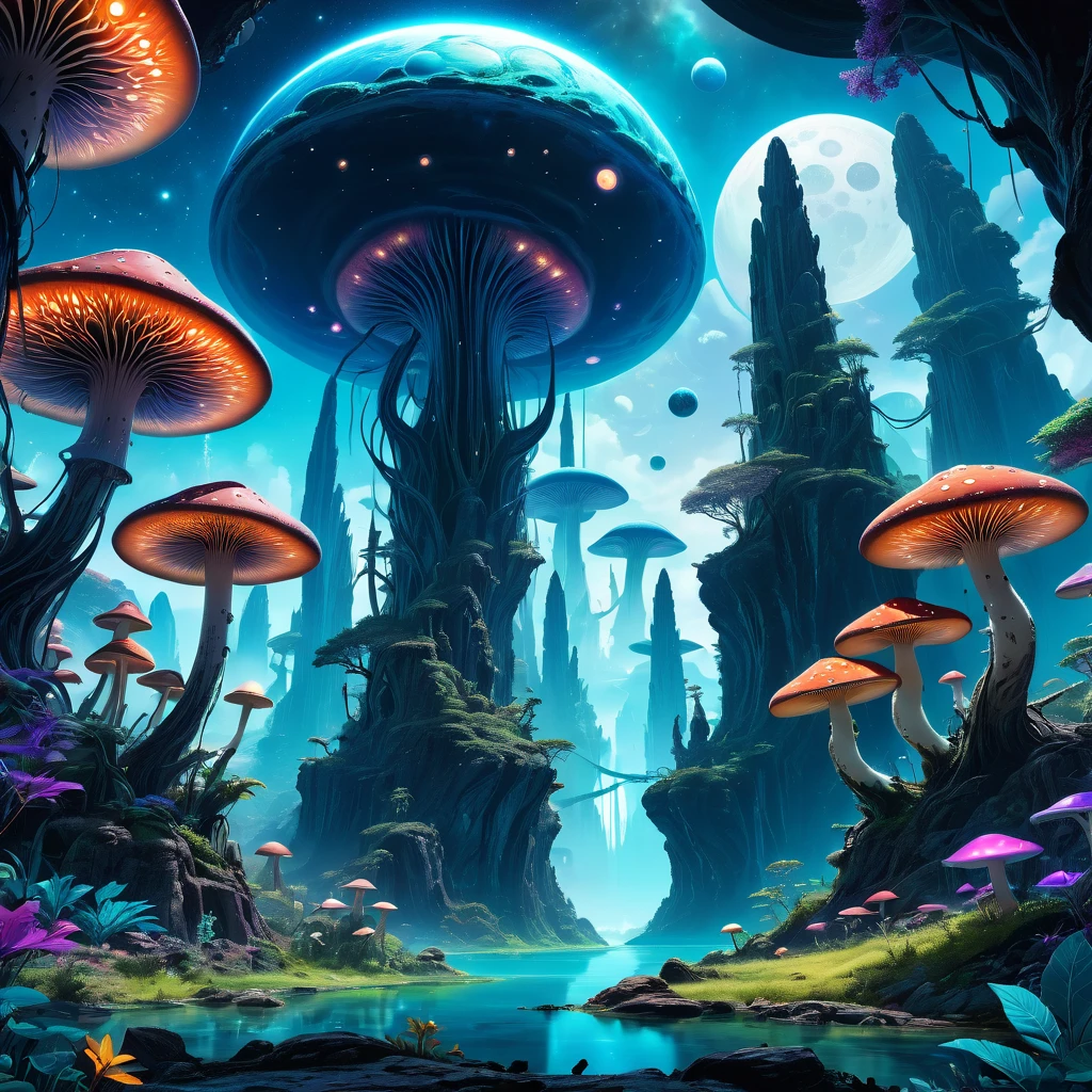 alien landscape, aesthetic, extremely detailed, digital rendering, vibrant colors, surreal atmosphere, towering rock formations, otherworldly plants and trees, glowing flora and fauna, bioluminescent mushrooms, sparkling rivers, alien wildlife, ethereal sky, multiple moons in orbit, floating islands, mystical energy sources, mysterious ruins, ancient symbols, cosmic energy, magical reflections, dreamlike haze, extraterrestrial civilizations, breathtaking vistas, infinite possibilities