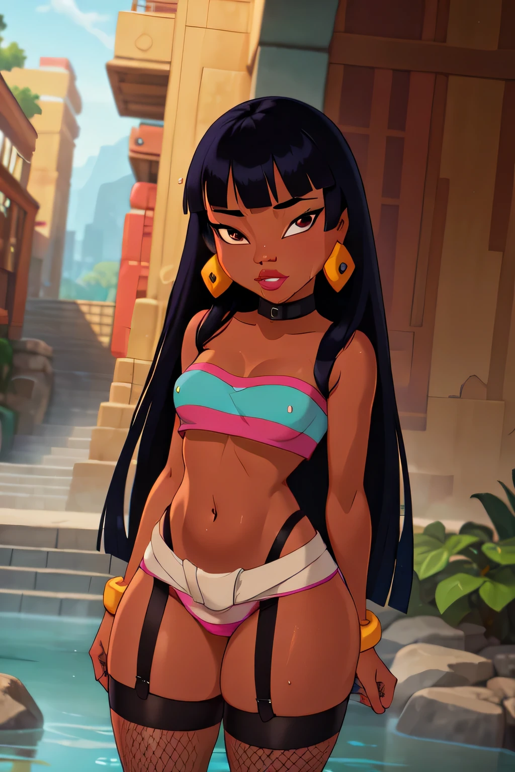 (masterpiece, best quality:1.2), 1girl, solo, chel_eldorado, cartoon, disney style, disney, young body, dark skin, tube top tight, exposed navel, wearing black lingerie underneath, soaking wet, reflective skin, wide eyes, looking at viewer, transparent clothes, collar, stockings, wet clothing, loin cloth, skin tight, choker, garter belt, standing, absurdly long hair, very long hair, bangs, (blunt bangs:1.1), lips, earrings, black eyes, brown eyes, dark-skinned female, (detailed, highres:1.2) disney animation style, clean details, soft features, young, fishnets, school girl uniform, japanese school unifrom, mini skirt