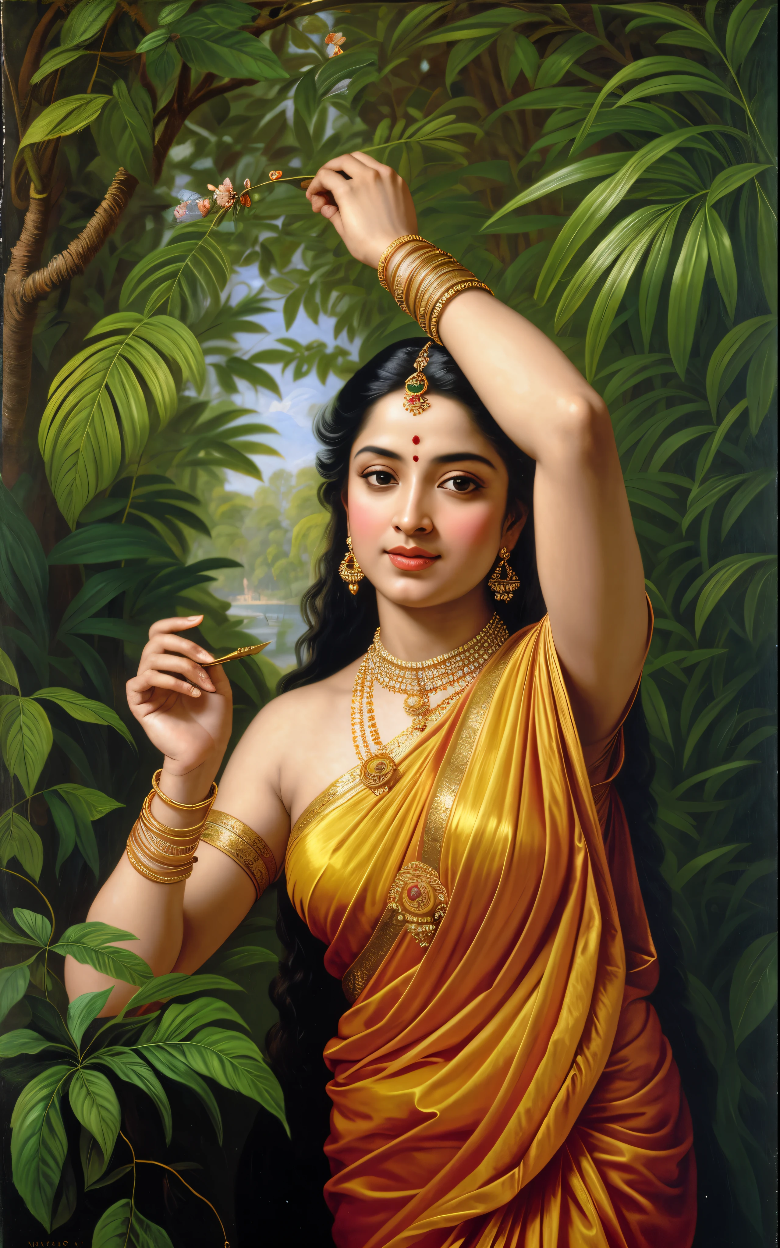 Beautiful Indian Woman, wearing saree, sari Beauty, gorgeous, Apsara, Maharani, royal queen woman, nymph from Hindu Mythology, Urvashi, matchless beauty, Highly detailed, Oil Painting by Peter Paul Rubens inspired by Raja Ravi Varma, Matchless beauty, captivating, gorgeous, heavenly beauty, celestial beauty, by Peter Paul Rubens, 13, realistic, hyper realistic, micro details, incredible artwork, insane details, ultra High resolution, 8k, 32k, acrylic on canvas, intricate, flawless, detailed, detailed face, detailed eyes, masterpiece, by Peter Paul Rubens, by Caravaggio, by William Adolphe bouguereau, perfect face, perfect body, beautiful art, realism, baroque, renaissance Art, highly textured, beautiful and detailed eyes, uhd, best quality,
