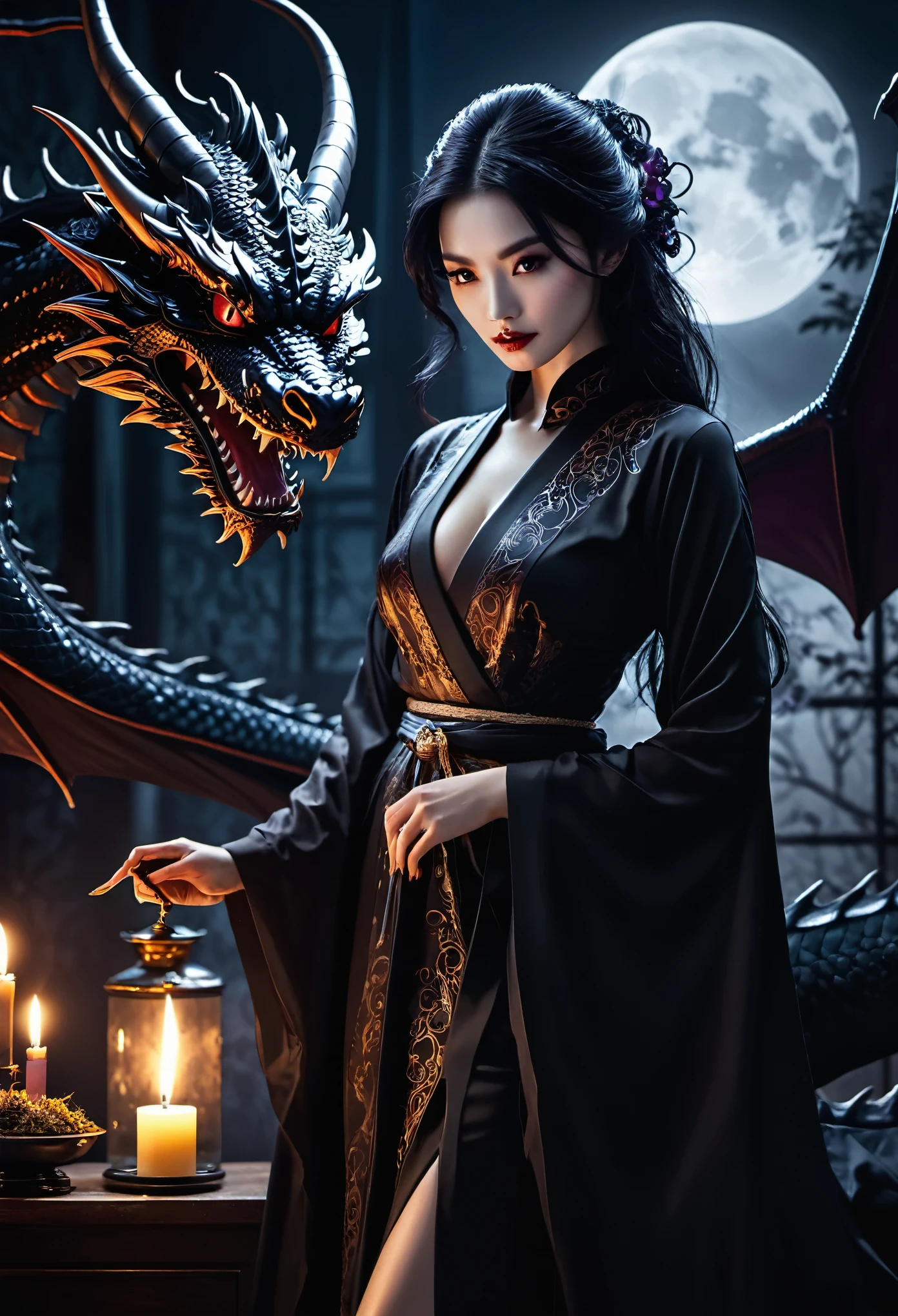 (best quality,4k,8k,highres,masterpiece:1.2),ultra-detailed,(realistic,photorealistic,photo-realistic:1.37),evil mystic black dragon,lovely temptress,seductive eyes,dark seductive atmosphere,Feudal Japan,nighttime,men's rooms,powerful aura,transformation process,magical elements,mystical background,erotically charged,forbidden desires,ceremonial robes,dark shadows,flickering candlelight,whispering winds,hidden desires,mysterious rituals,secretive encounters,mesmerizing beauty,enthralled men,embrace of darkness,bewitching allure,stealing seed,twisted pleasures,unsettling presence,dangerous seduction,clashing desires,forbidden fantasies,intense passion,mystical charm,ensnaring spell,irresistible temptation,tangled emotions,dark secrets,dark seductress.