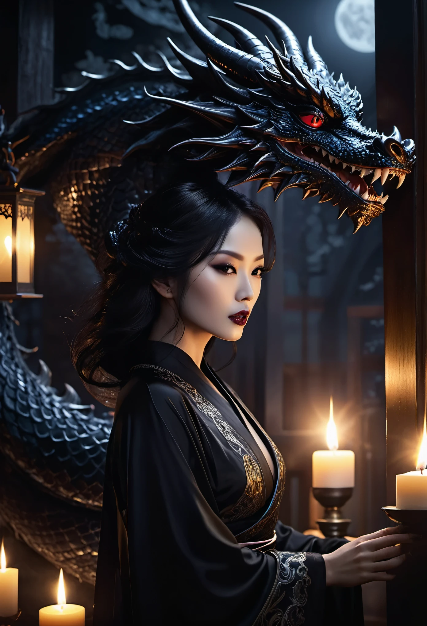 (best quality,4k,8k,highres,masterpiece:1.2),ultra-detailed,(realistic,photorealistic,photo-realistic:1.37),evil mystic black dragon,lovely temptress,seductive eyes,dark seductive atmosphere,Feudal Japan,nighttime,men's rooms,powerful aura,transformation process,magical elements,mystical background,erotically charged,forbidden desires,ceremonial robes,dark shadows,flickering candlelight,whispering winds,hidden desires,mysterious rituals,secretive encounters,mesmerizing beauty,enthralled men,embrace of darkness,bewitching allure,stealing seed,twisted pleasures,unsettling presence,dangerous seduction,clashing desires,forbidden fantasies,intense passion,mystical charm,ensnaring spell,irresistible temptation,tangled emotions,dark secrets,dark seductress.