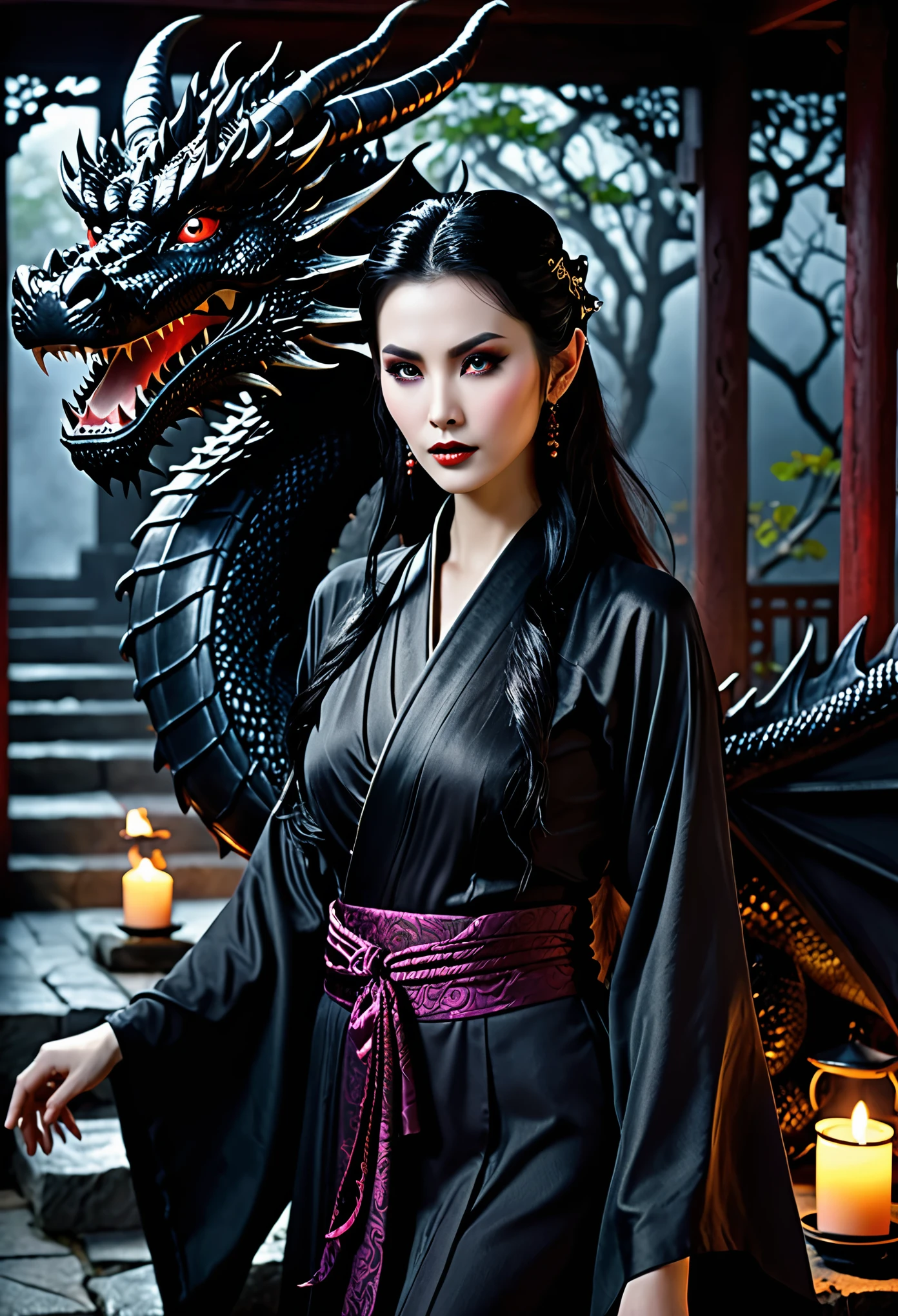 (best quality,4k,8k,highres,masterpiece:1.2),ultra-detailed,(realistic,photorealistic,photo-realistic:1.37),evil mystic black dragon,lovely temptress,seductive eyes,dark seductive atmosphere,Feudal Japan,nighttime,men's rooms,powerful aura,transformation process,magical elements,mystical background,erotically charged,forbidden desires,ceremonial robes,dark shadows,flickering candlelight,whispering winds,hidden desires,mysterious rituals,secretive encounters,mesmerizing beauty,enthralled men,embrace of darkness,bewitching allure,stealing seed,twisted pleasures,unsettling presence,dangerous seduction,clashing desires,forbidden fantasies,intense passion,mystical charm,ensnaring spell,irresistible temptation,tangled emotions,dark secrets,dark seductress.