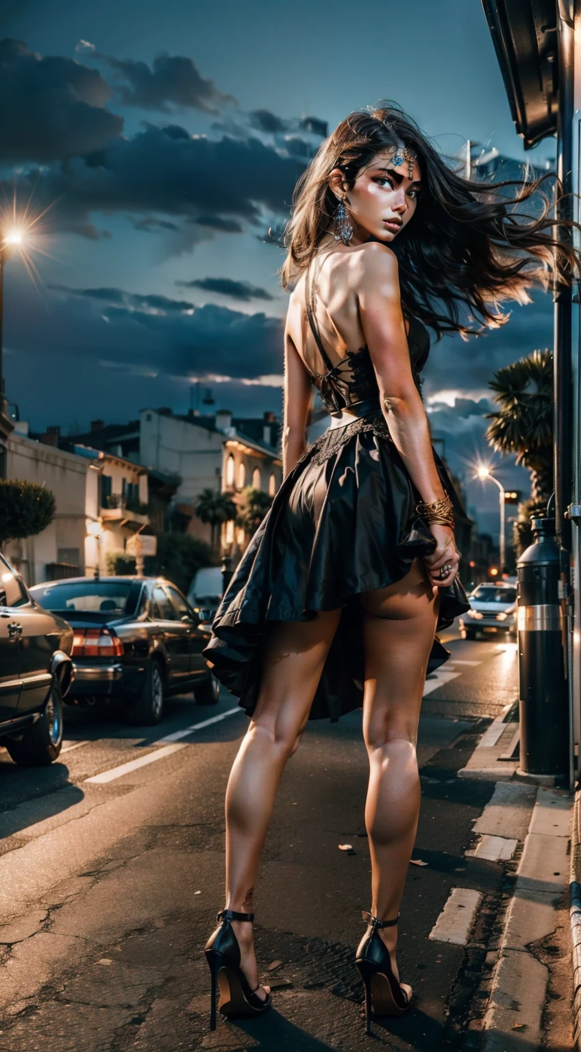 (8K resolution,Vista full body back photo,Back capture),(1womanl,20yr old,Delicate and sexy back,Windswept hair,Fair smooth skin,(Best Skin Type:1.21),The back is rich in detail,(Butterfly bone),captivating curves,(Classic slip hip skirt:1.4,(Extensive bare back,Thin wire links the blouse)),(Short fringed skirt,Attractive long legs),bangle,Delicate Roman heels,Tall figure,Walking artwork,perfect hand,Ultra-fine clothing material),(Balcony on the upper floor,City night background,Exquisite environmental details),(Professional stage lighting,dynamic lighting),((Uniform color,(silvery white,brown pubic fur,black in color,blue colors,red colour))),(Golden section,Cinema lenses,Hasselblad photograp,tmasterpiece:1.3),(idoly,street fashion,trendsetting,Artis,Art platform)