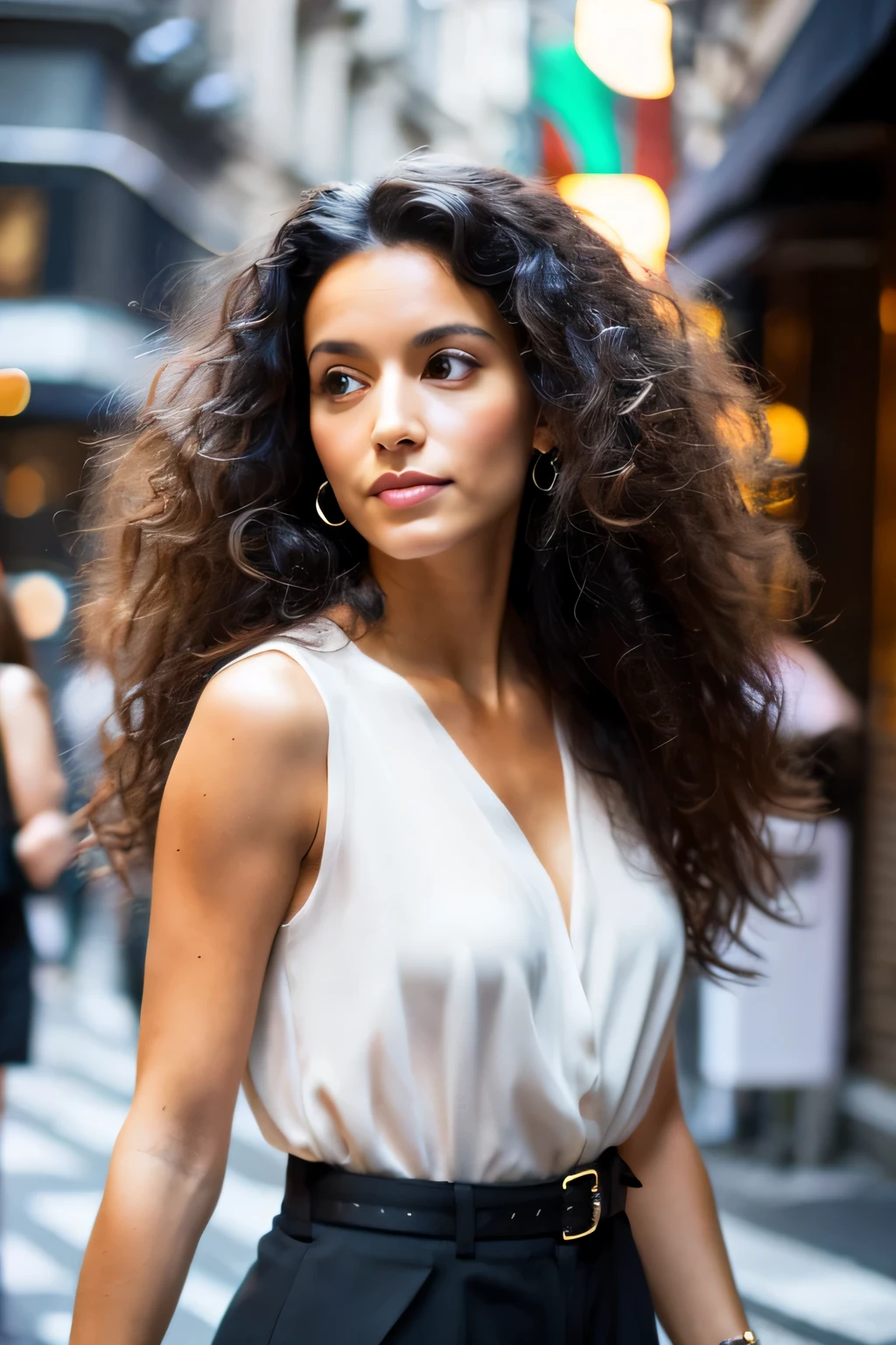 Beautiful Italian woman, 33 years old, tanned skin, long black curly hair, black eyes, beautiful lips, tall, thin, walking in the street, elegant, stunning and sweet.