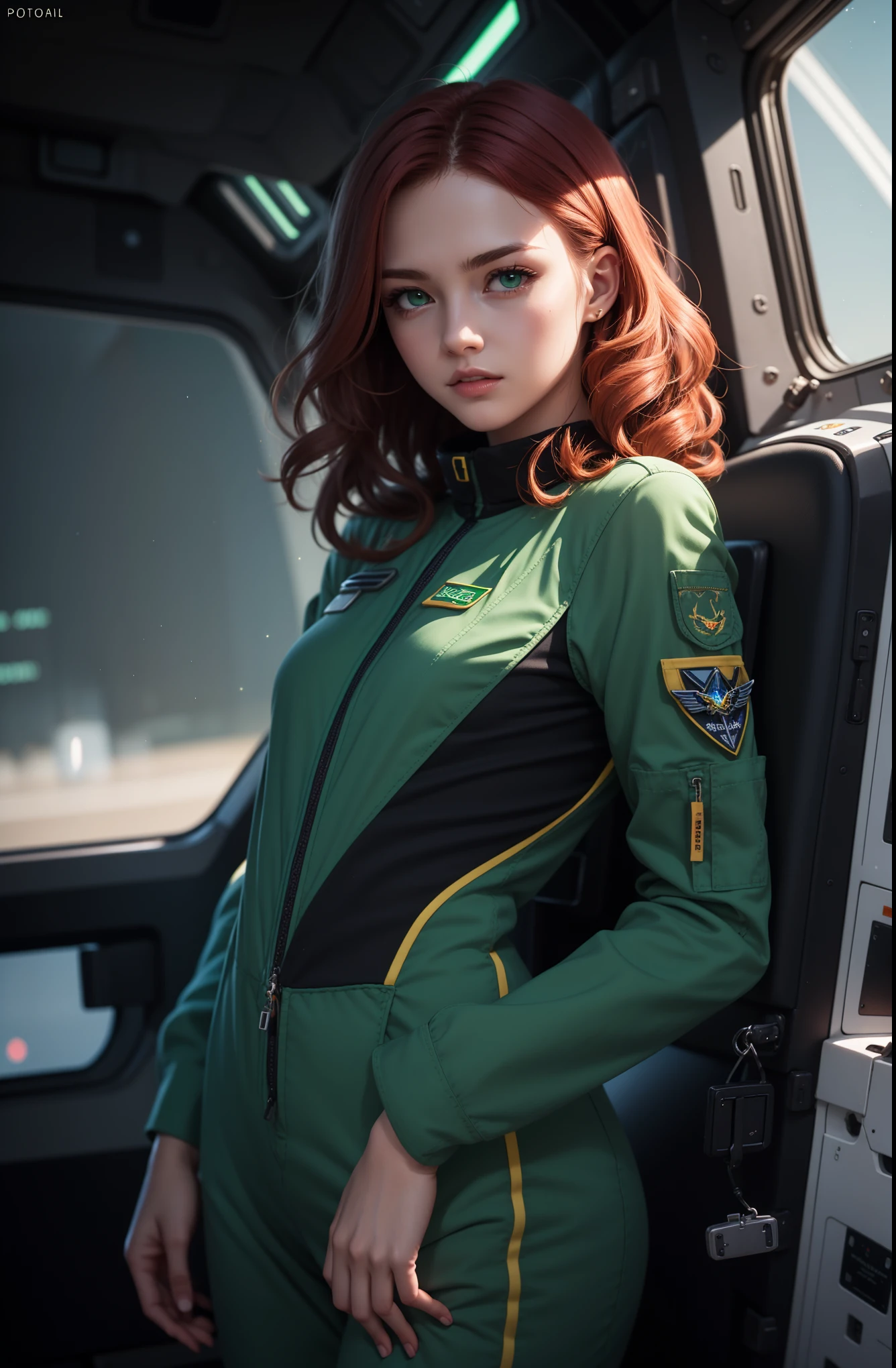 ((photorealism, high quality, detail)), (more than half of the body:1.10), ((it costs half a turn:1.10)) science fiction, Futuristic setting, Military, (girl-pilot of the space fleet), (girl-pilot of a spaceship), ((slender girl 25 years old, thin figure:1.7, small breasts)), attractive appearance, looks at us with seductive eyes, (sly face), very beautiful, ((redheads)) thick curly hair (shoulder length:1.5), blue eyes, ((dark green)) uniform, (((dark green space pilot jumpsuit))),
(medals:1.10), volumetric lighting, Sargent ISO1600 uniform, unreal engin 5, octane rendering, (2D: 1.2), digital painting, artstation, concept art, smooth, clear focus,
