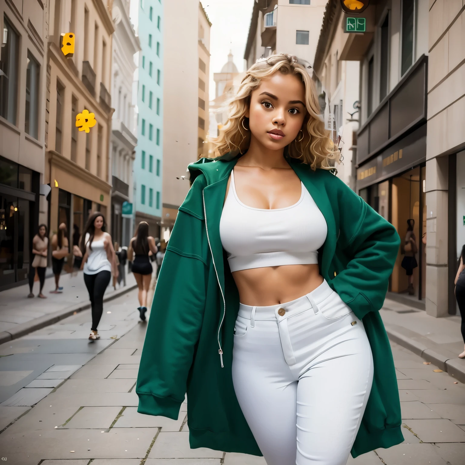 show entire body, Zendaya, curly blonde hair, wearing tight track jacket, tight skirt, pantyhose, underboob, no shoes, outside, overcast day