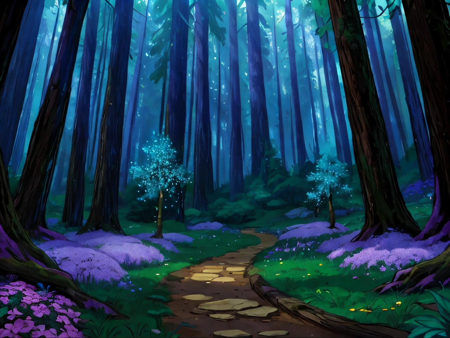 a dense fantasy forest with glowing crystals growing from the ground, the trees have very tall canopies, there is a horizontal path in the middle of the forest