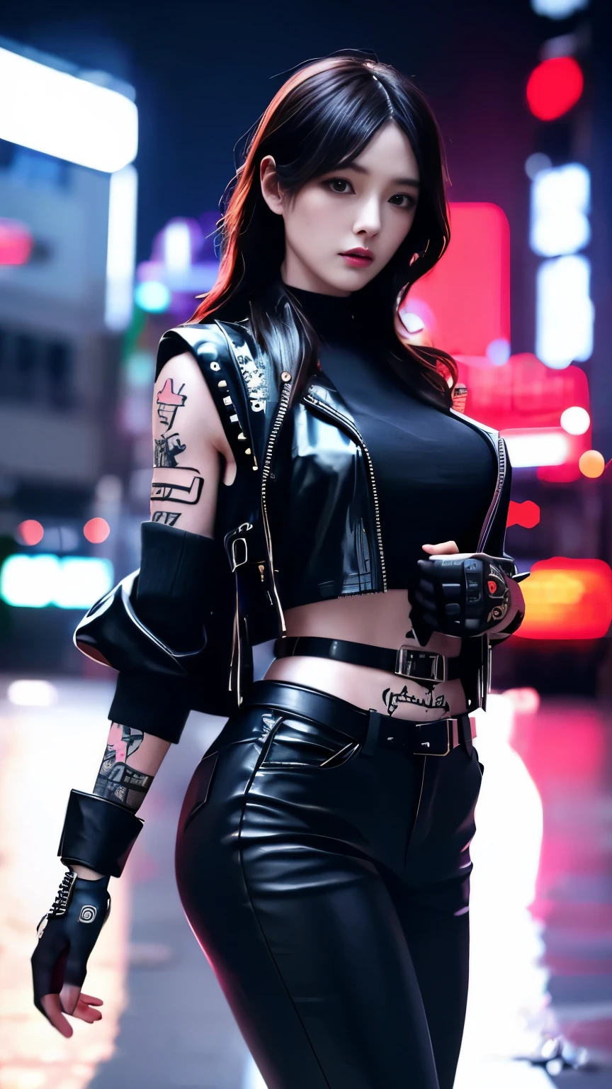 (highest quality),masterpiece,Super detailed,8K, UHD,Beautiful woman,japanese woman,No expression,whole body,((tattoo)),slim,black leather pants,black leather vest,(female mafia),gangster,(cyberpunk city),night,cinematic lightening,underworld