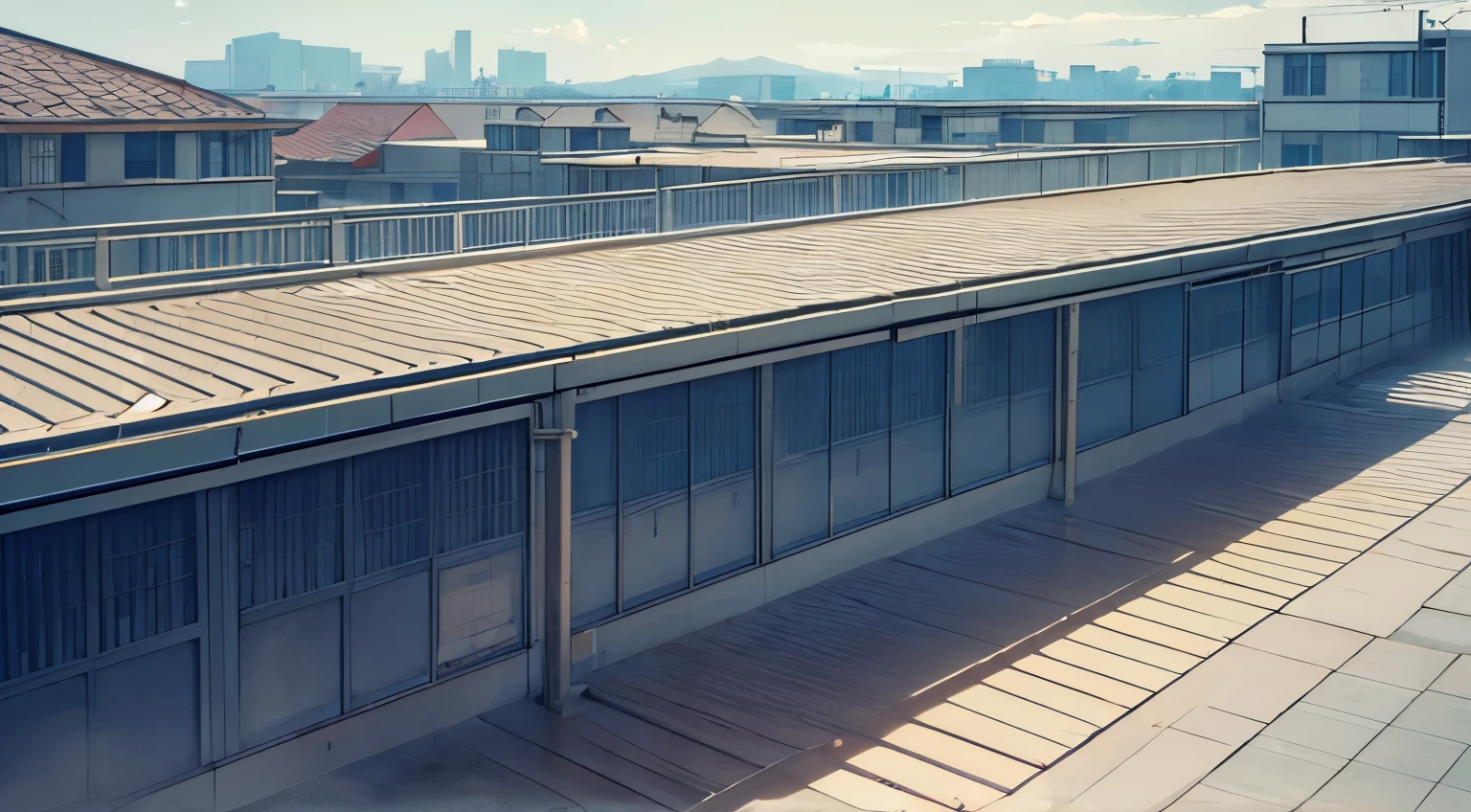 High resolution, super detailed, School_rooftop, School rooftop, concrete, no tiled roof,front