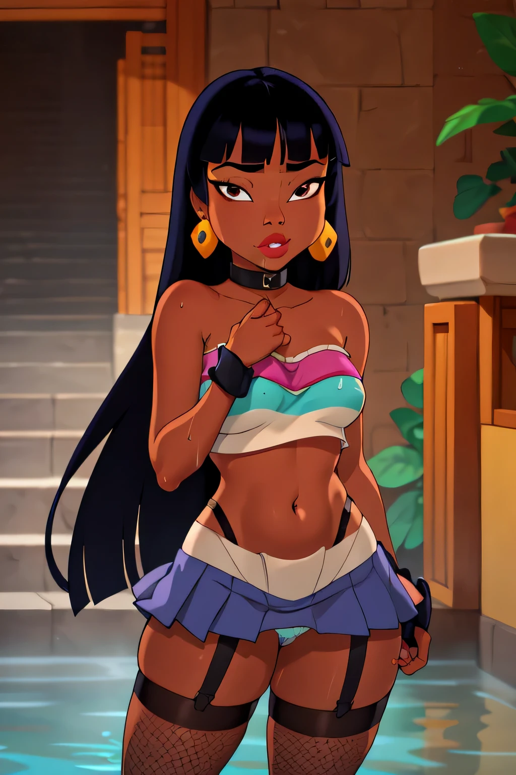 (masterpiece, best quality:1.2), 1girl, solo, chel_eldorado, cartoon, disney style, disney, young body, dark skin, tube top tight, exposed navel, wearing black lingerie underneath, soaking wet, reflective skin, wide eyes, looking at viewer, transparent clothes, collar, stockings, wet clothing, loin cloth, skin tight, choker, garter belt, standing, absurdly long hair, very long hair, bangs, (blunt bangs:1.1), lips, earrings, black eyes, brown eyes, dark-skinned female, (detailed, highres:1.2) disney animation style, clean details, soft features, young, fishnets, school girl uniform, japanese school unifrom, mini skirt, no panties, lifting up mini skirt, no underwear 