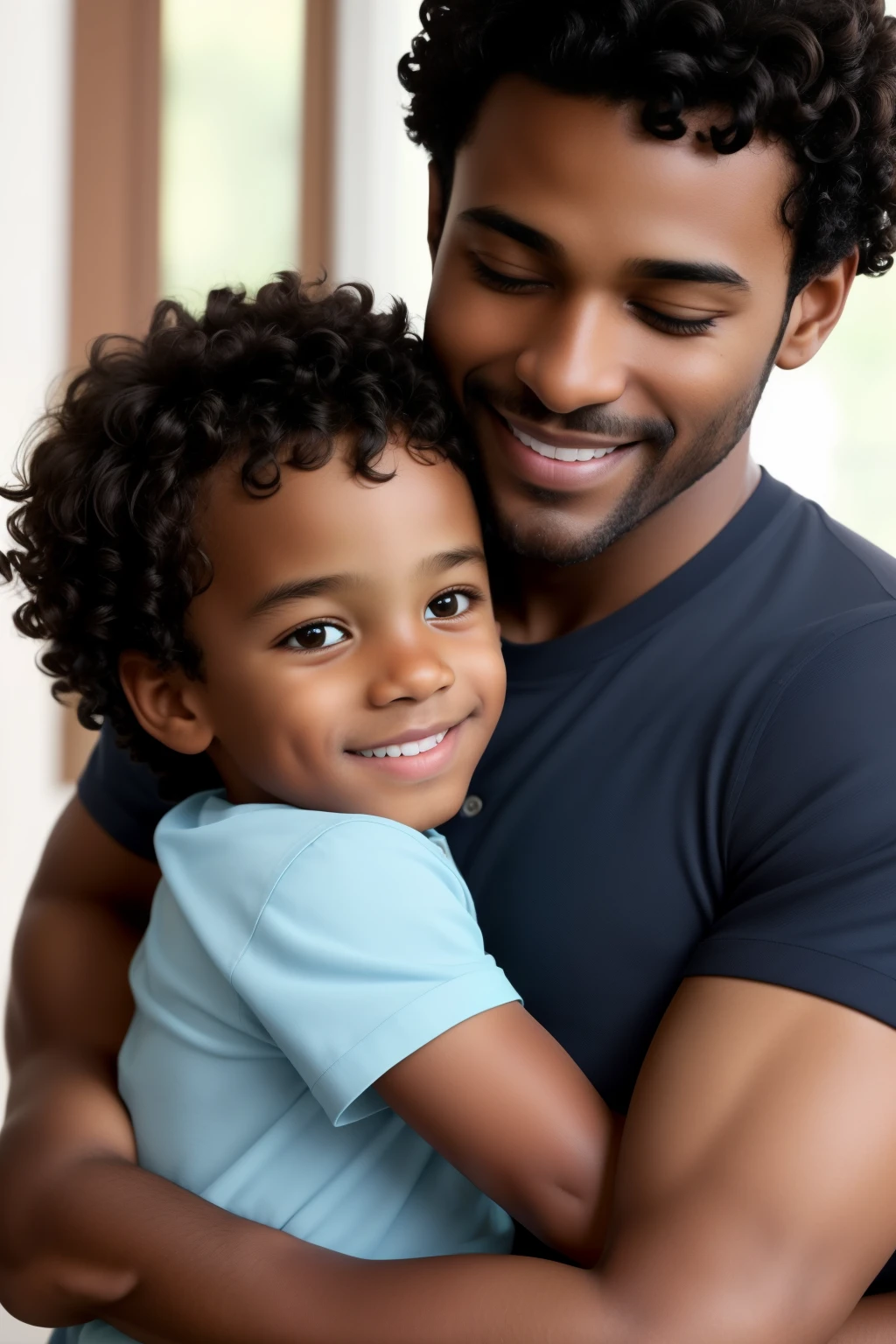 A little 3-year-old boy with dark skin and slightly curly brown hair, smiling brightly, is hugging his father's waist in this heartwarming image. The father, also a dark-skinned man with curly brown hair and warm brown eyes, looks down at his son with a gentle and loving expression. This scene is captured in ultra-realistic, perfect detail with a resolution of 8k, showcasing every texture and line on their faces and clothing. The high definition image is sure to leave you in awe with its super realistic depiction of the father-son bond.