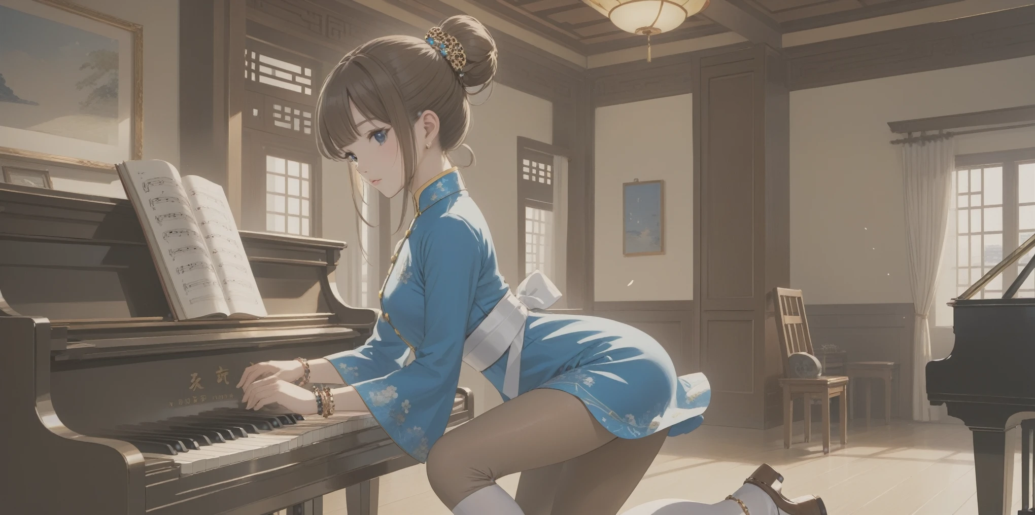 alone,piano,SF2CL, bun hair, blue cheongsam dress, Double Bang Hairstyles, white belt, Brown leggings, white long boots, indoor, School, music room, spike bracelet, thick legs, masterpiece, Your Highness, perfect face, perfect picture, fine eyes, 